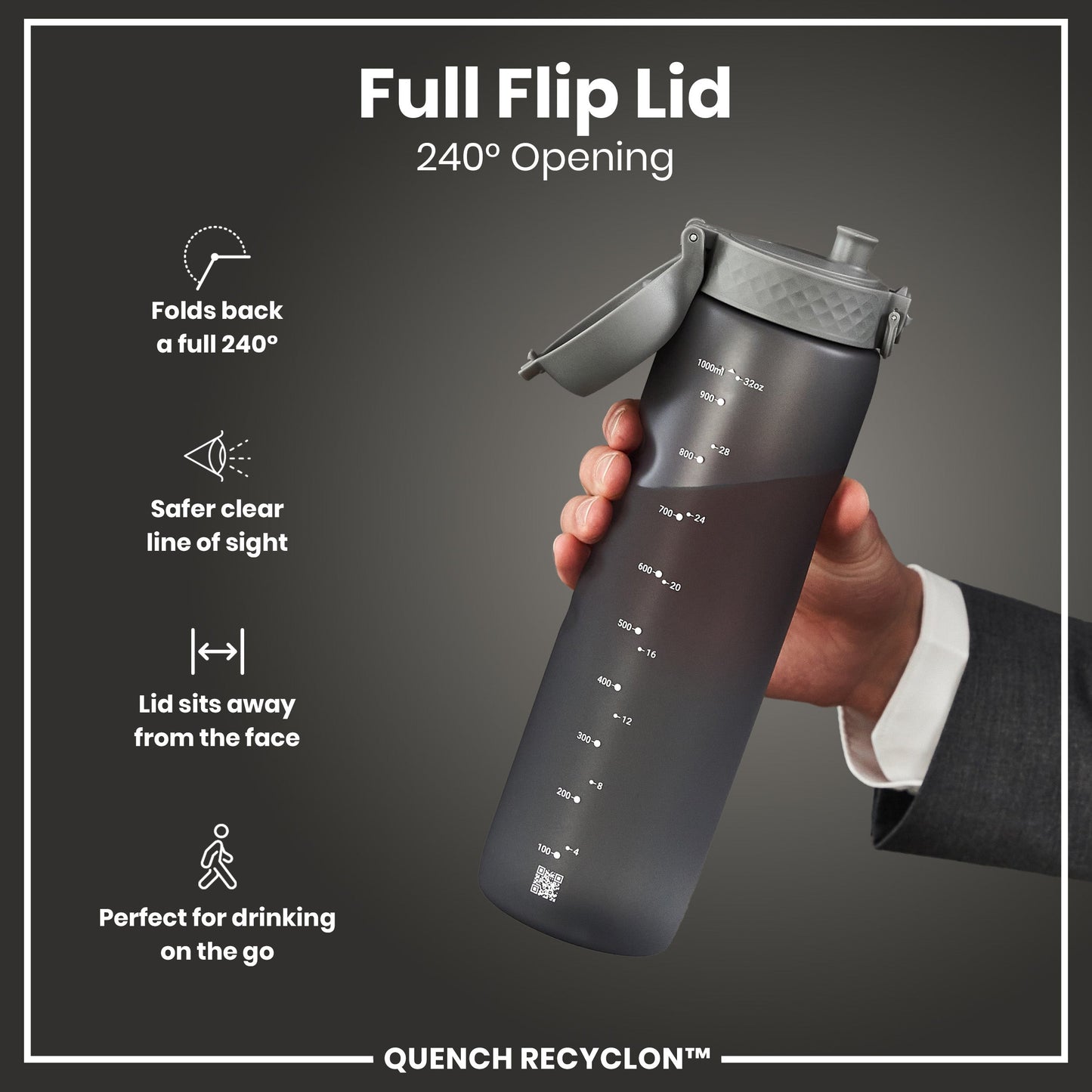 Black water bottle with a full flip lid held by a person, featuring text and icons about the lid's features.