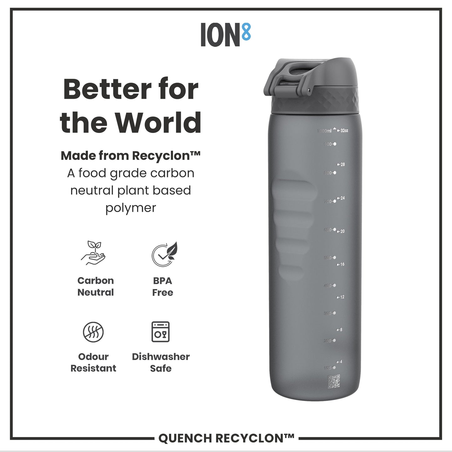 Gray water bottle with branding and sustainability features on a white background
