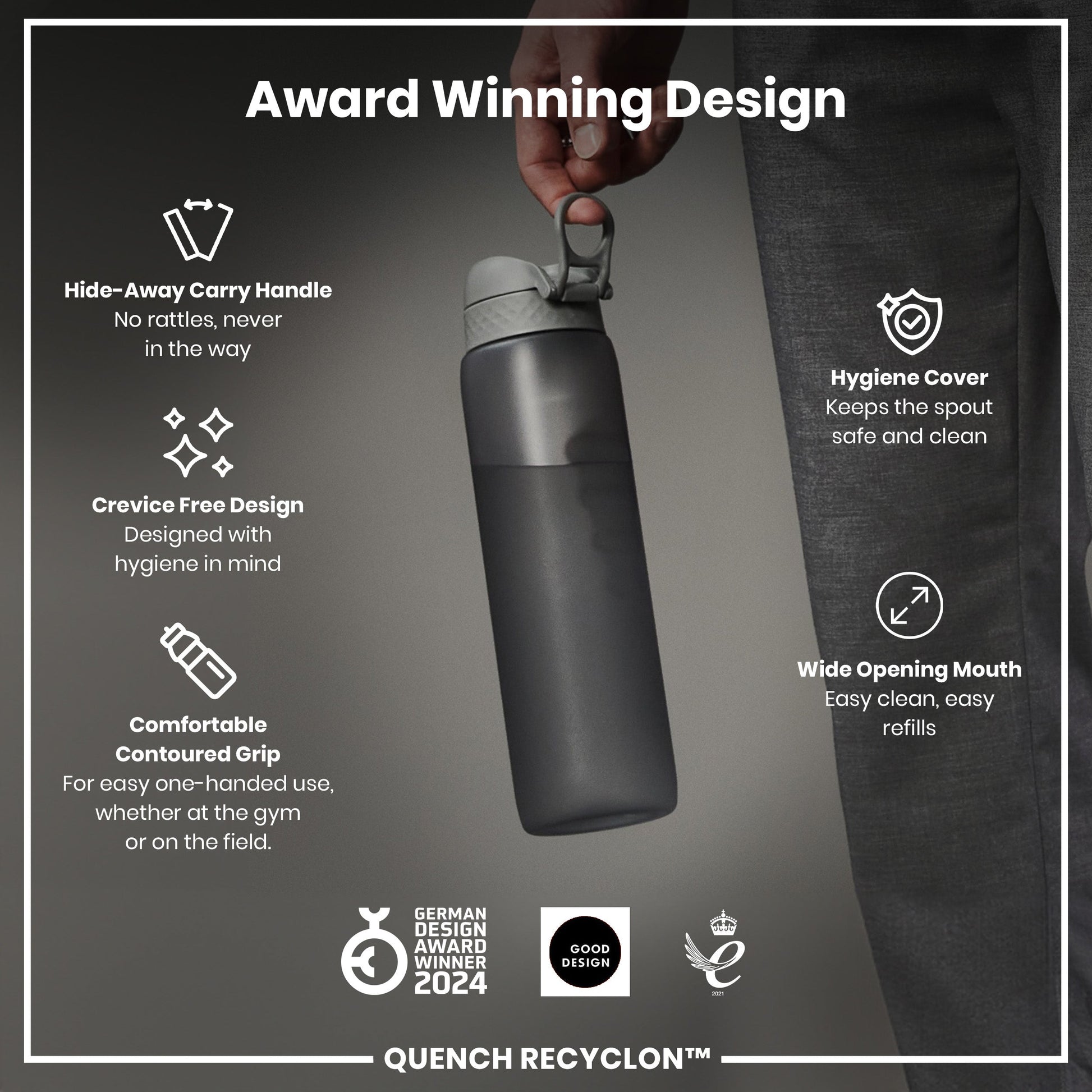 Black water bottle with features listed on a dark background