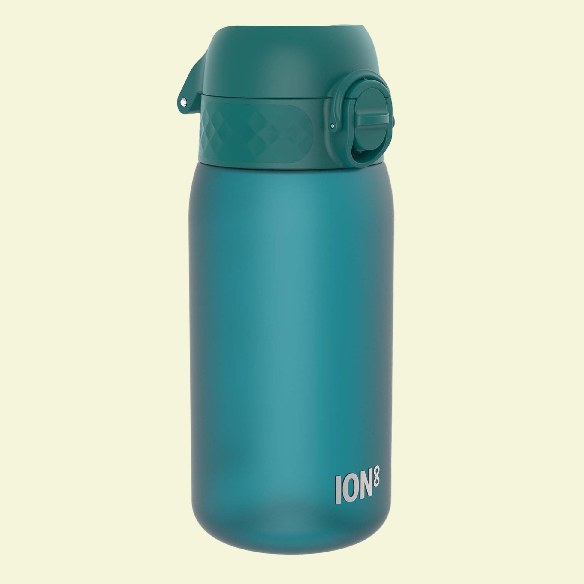 Teal water bottle with 'ION8' branding on a white background