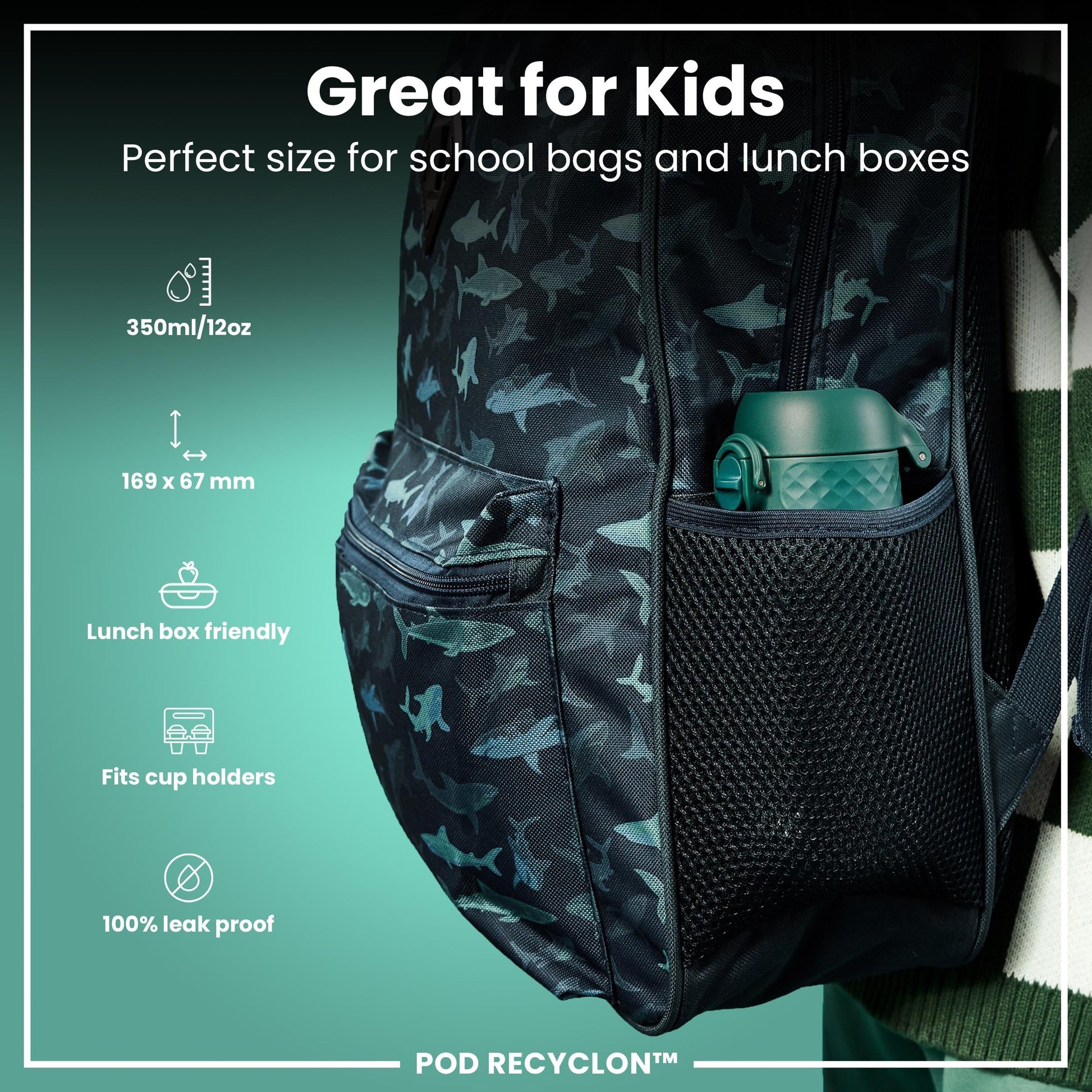 Backpack with shark patterned pocket containing a green water bottle, with text highlighting features on a teal background.