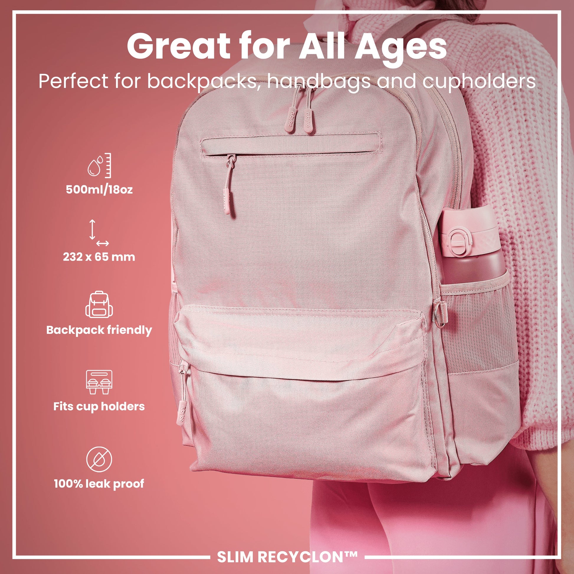 Pink backpack held by a person on a pink background with product features listed.