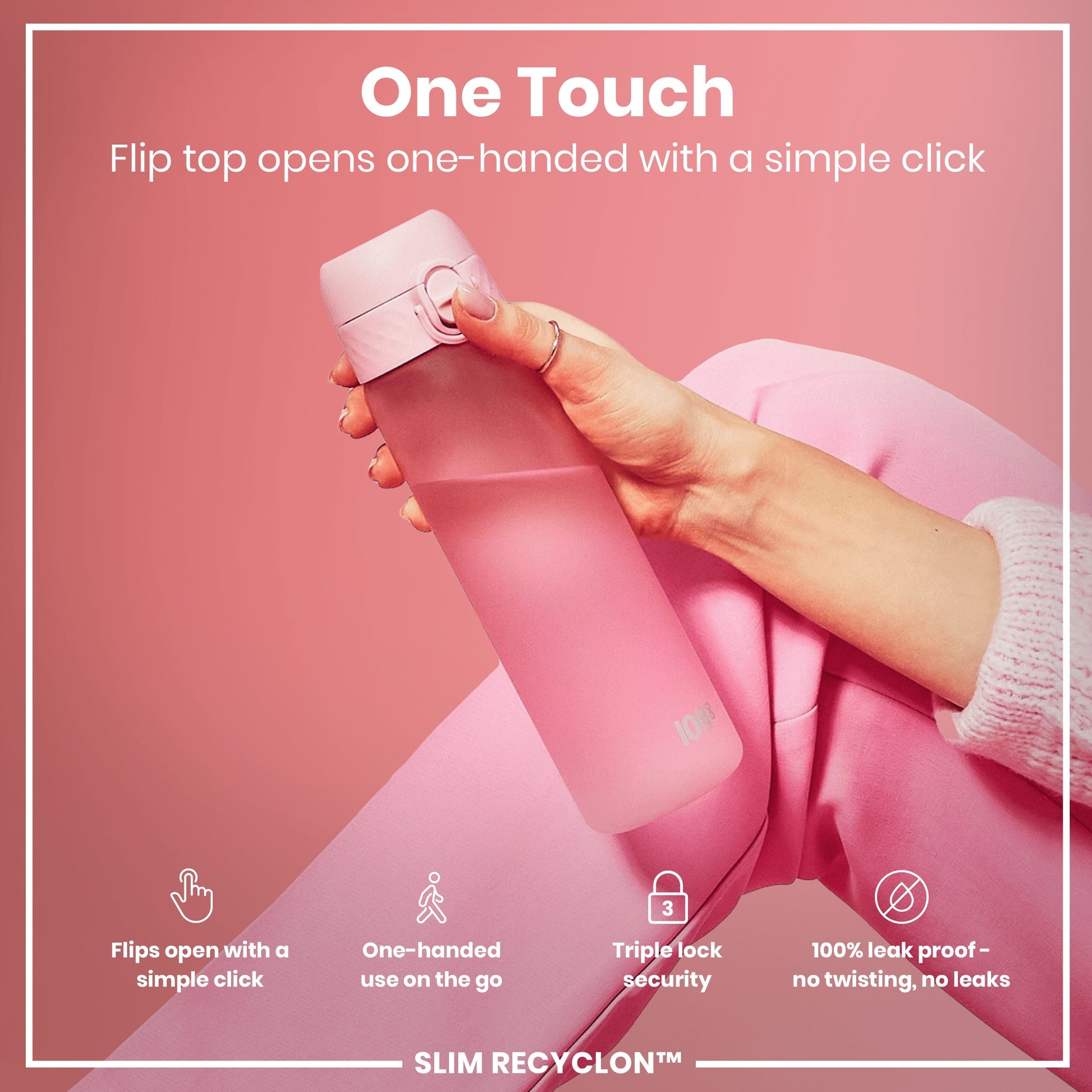Pink water bottle with 'One Touch' feature on a pink background