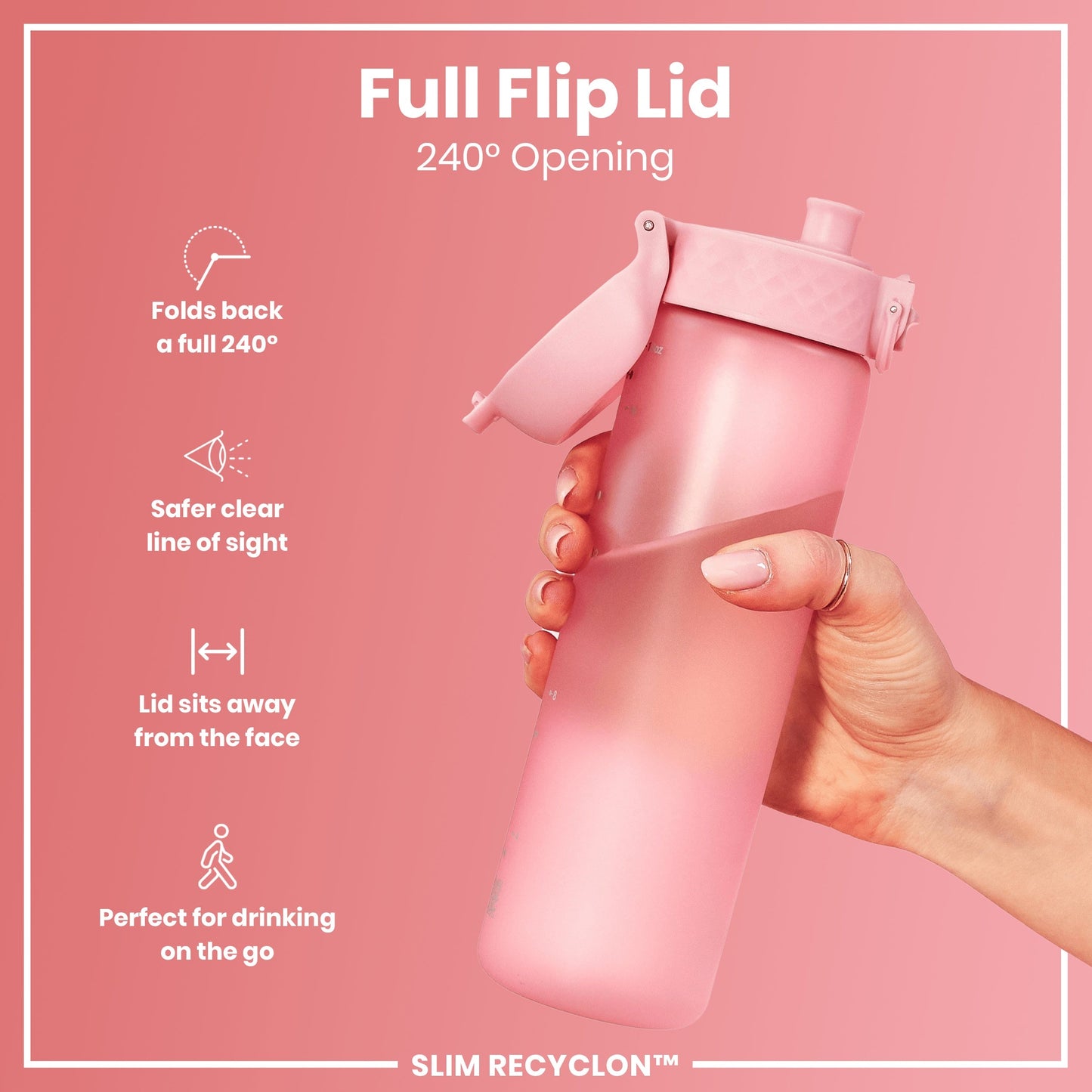 Pink water bottle with a full flip lid on a pink background
