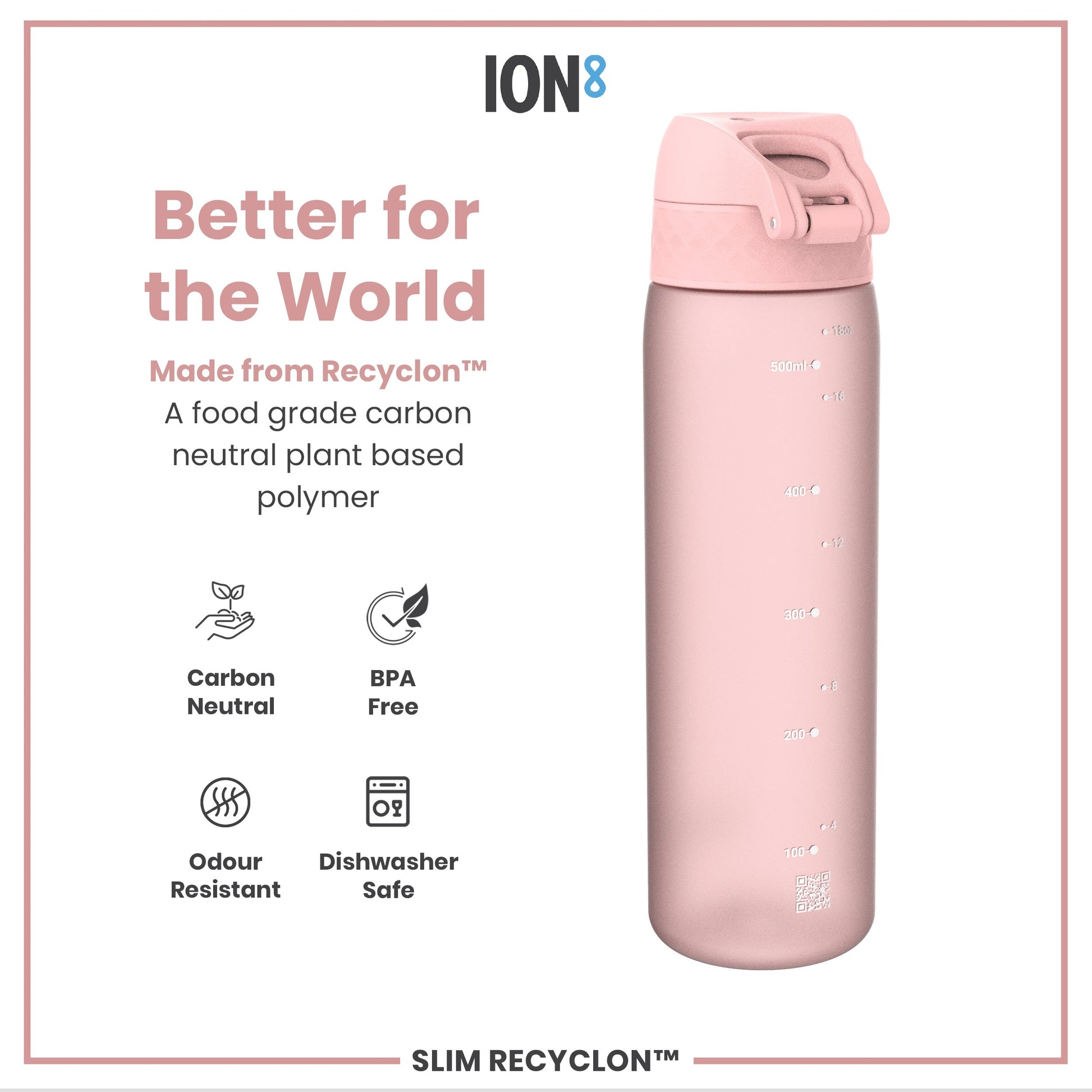 Pink water bottle with 'ION8' branding on a white background