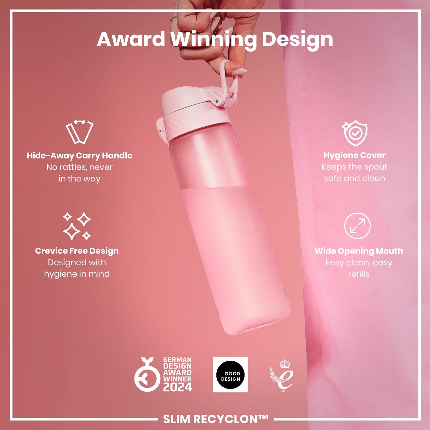 Pink water bottle with features listed on a pink background