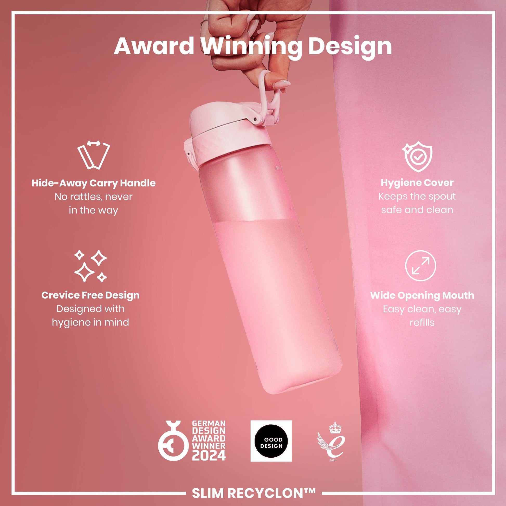 Pink water bottle with features listed on a pink background