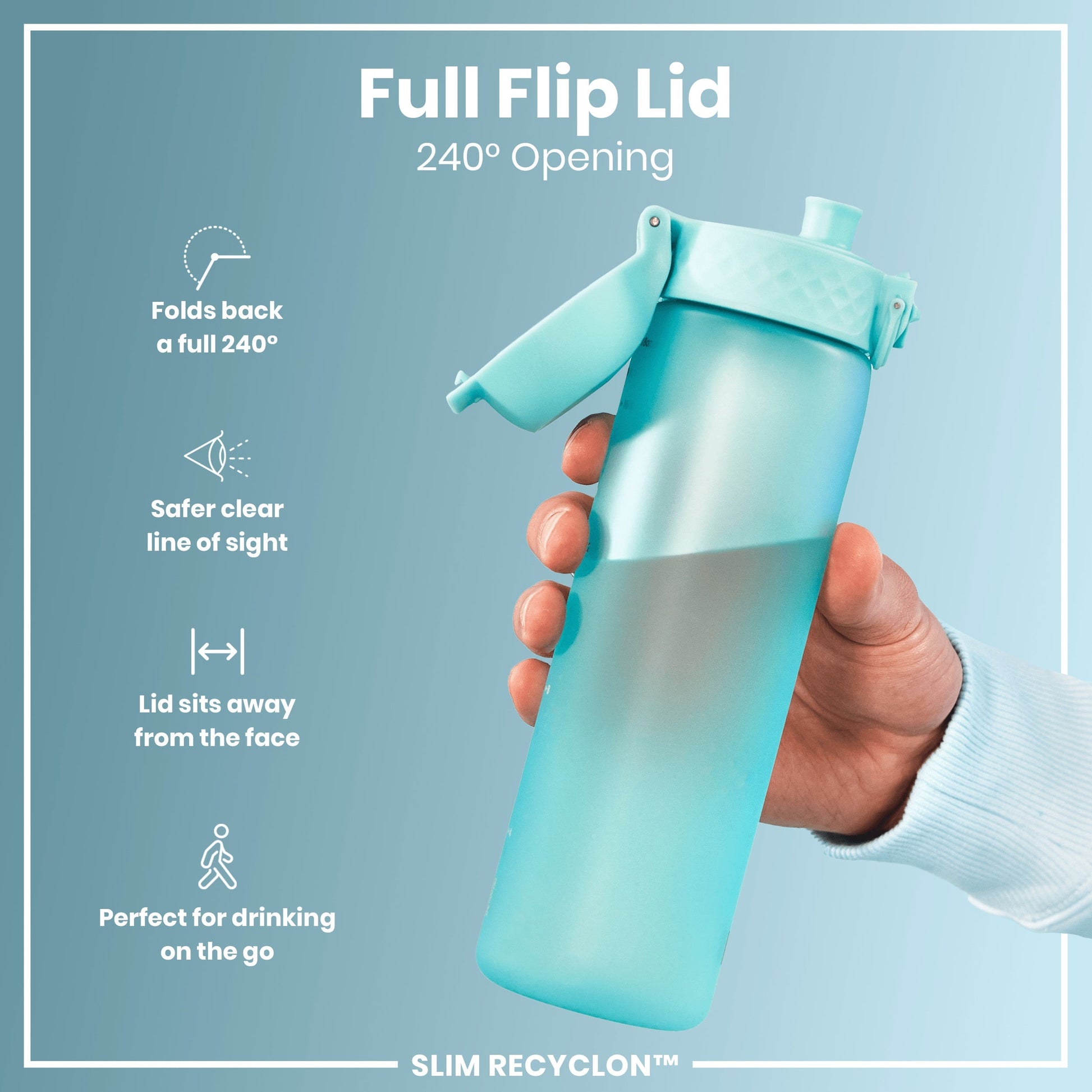Turquoise water bottle with a full flip lid held by a hand against a light blue background