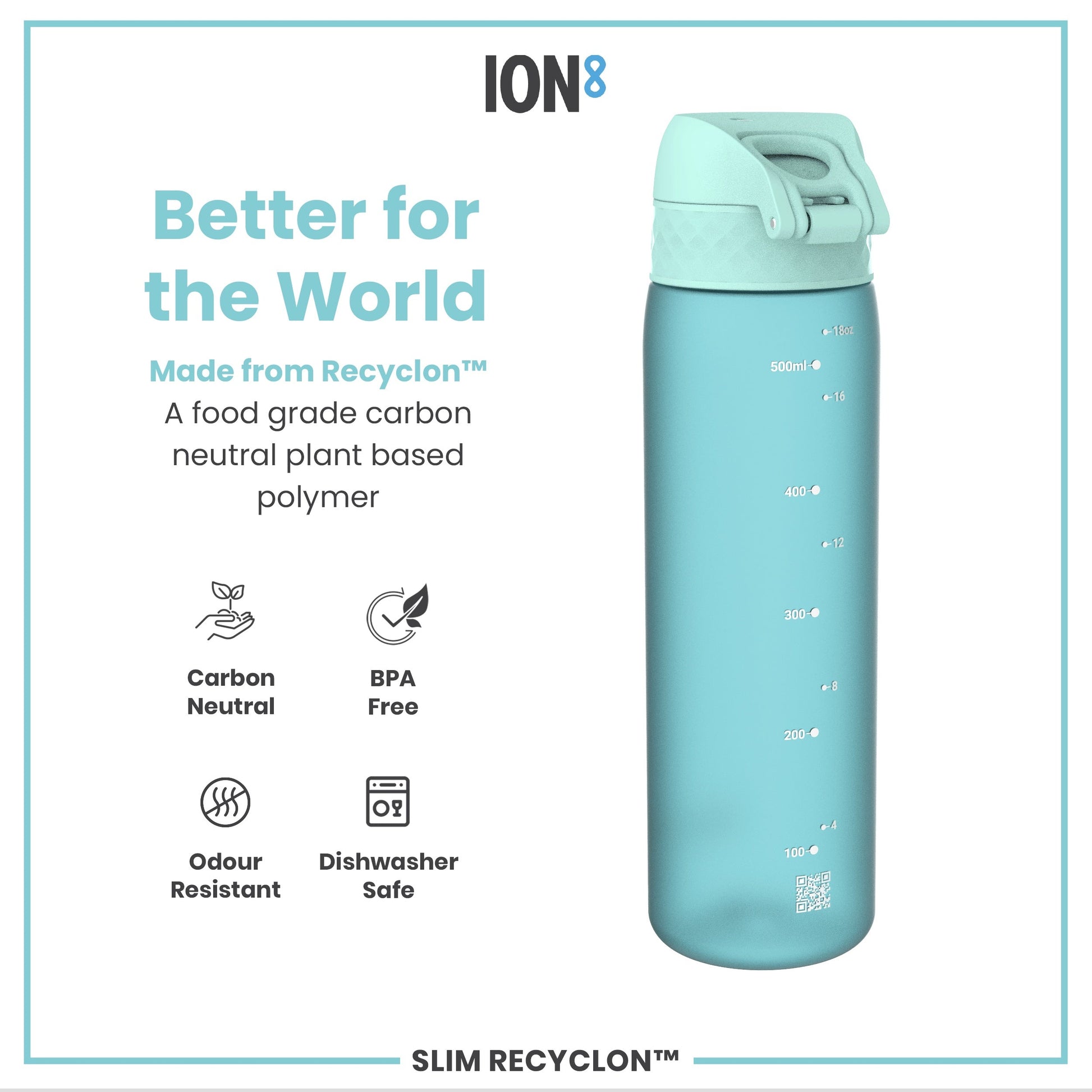 Teal water bottle with 'ION8' branding and sustainability features on a white background