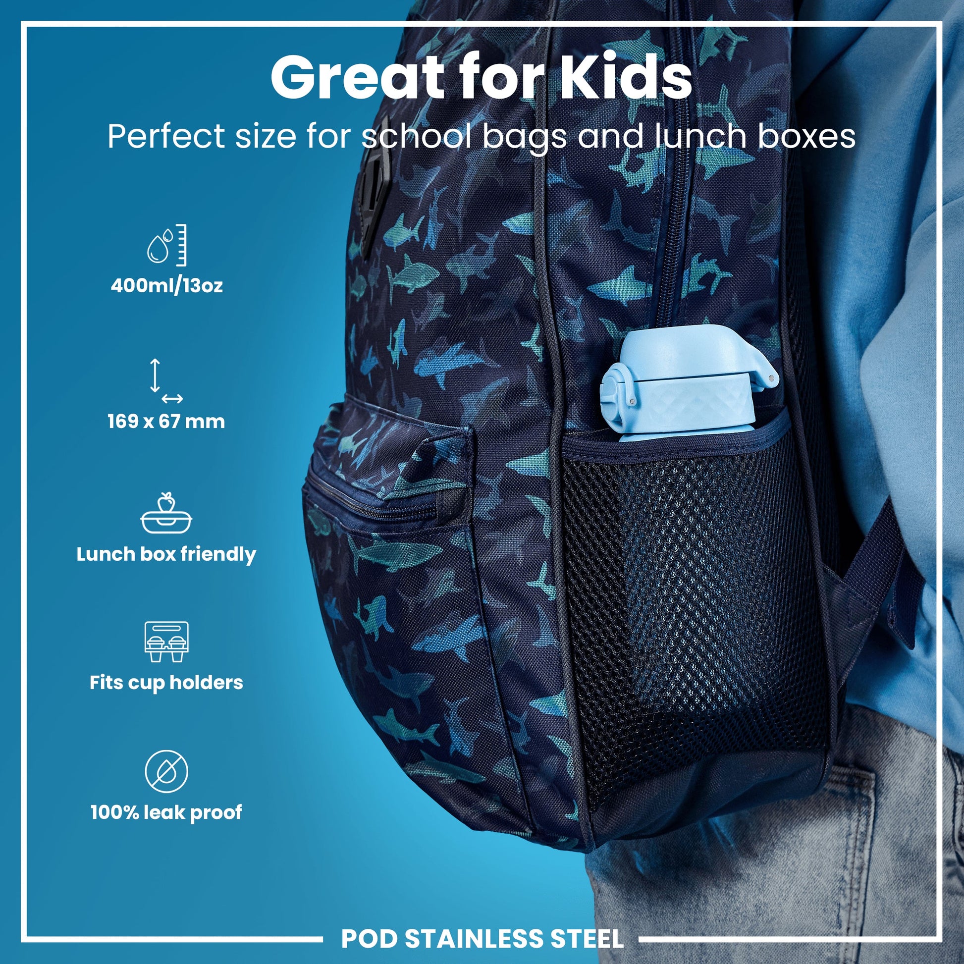 Backpack with shark pattern and cup holder pocket on a blue background, featuring text about its suitability for kids and school bags.
