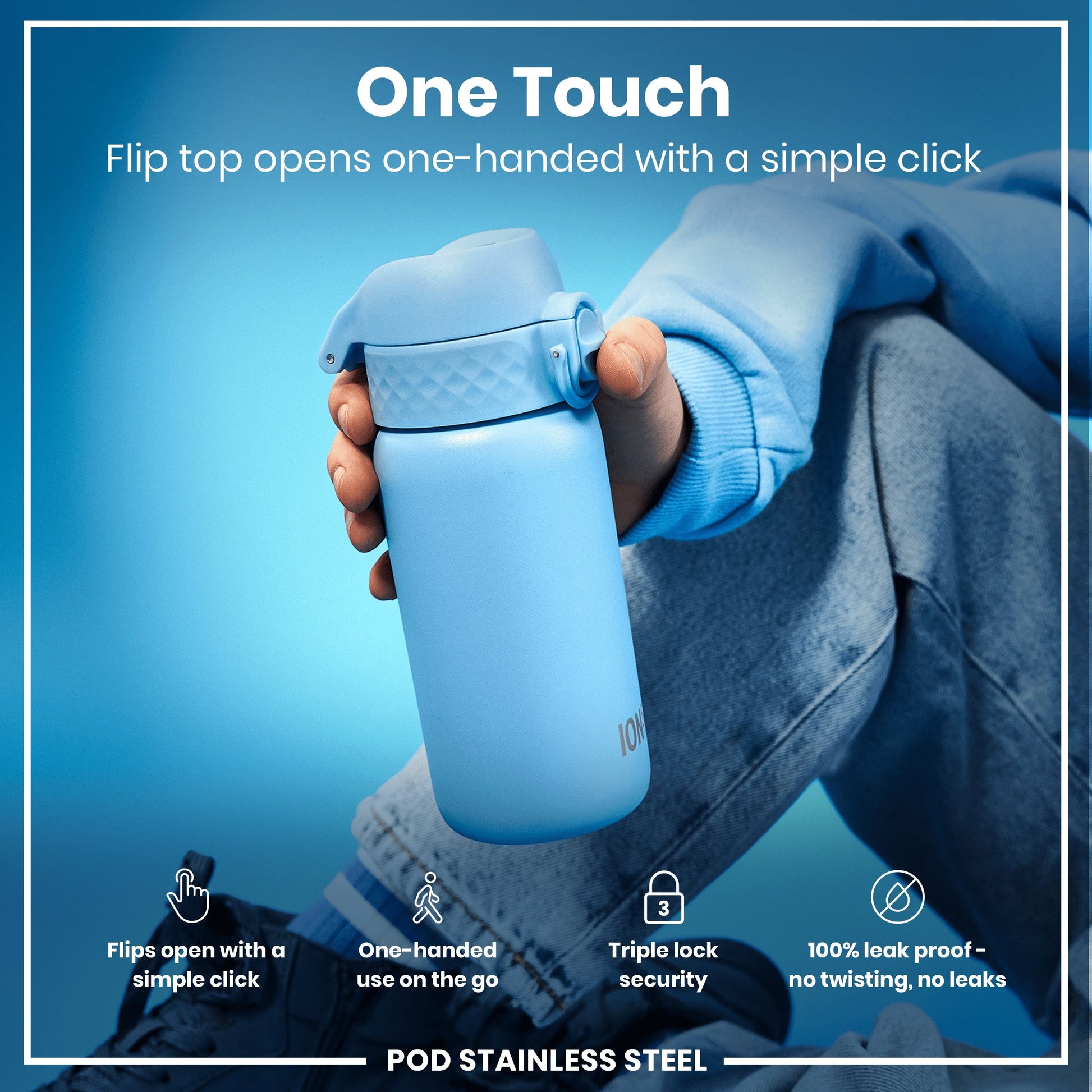 Blue water bottle with flip top held by a person against a blue background, featuring text about bottle features.