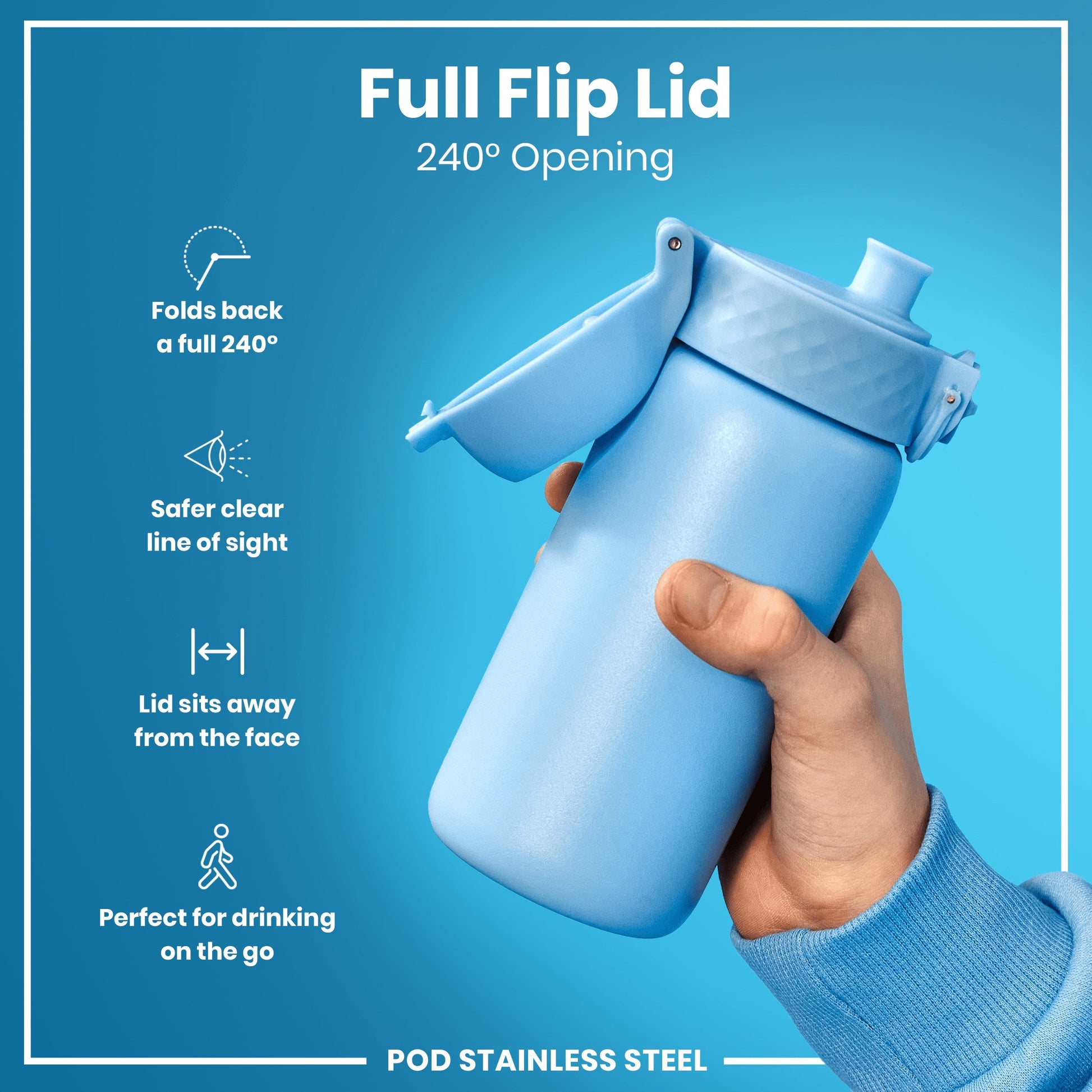 Blue water bottle with full flip lid held by a hand on a blue background