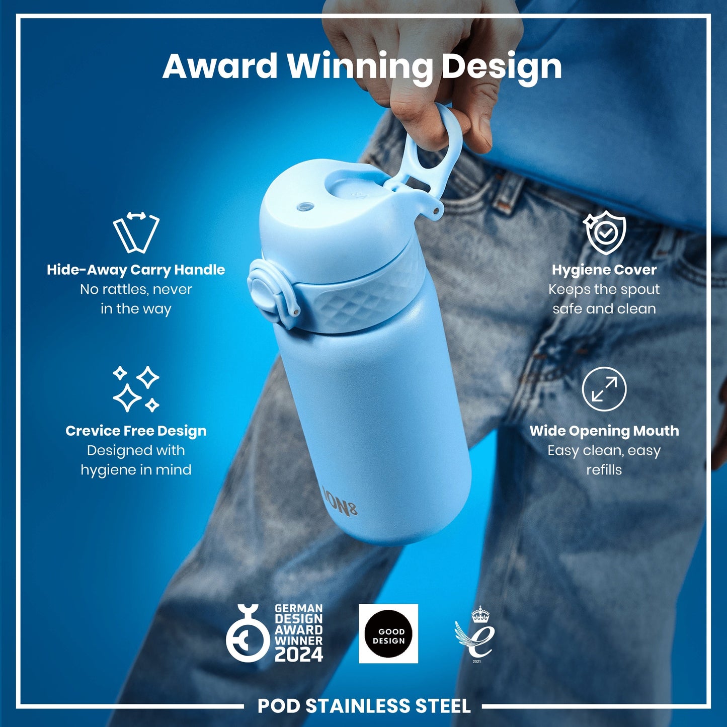 Stainless steel water bottle with features highlighted on a blue background