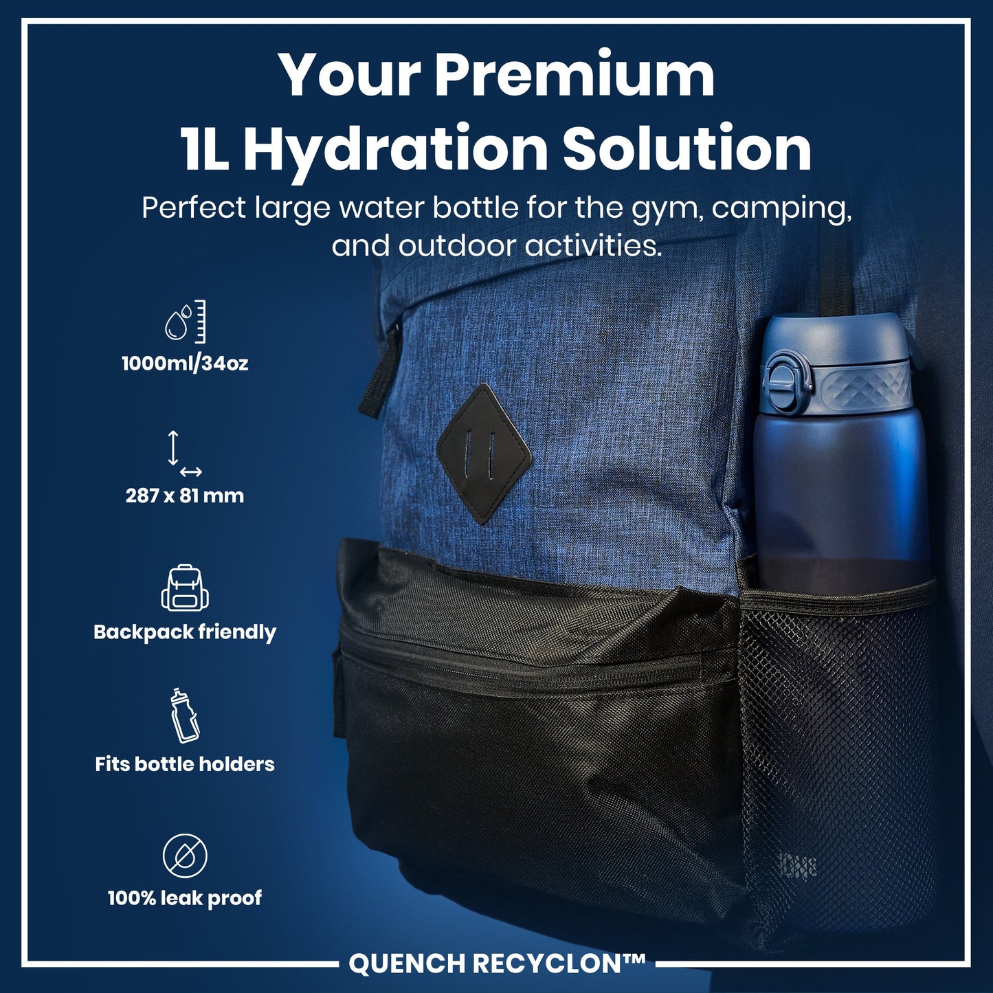 Blue hydration bottle in a backpack with product details on a blue background