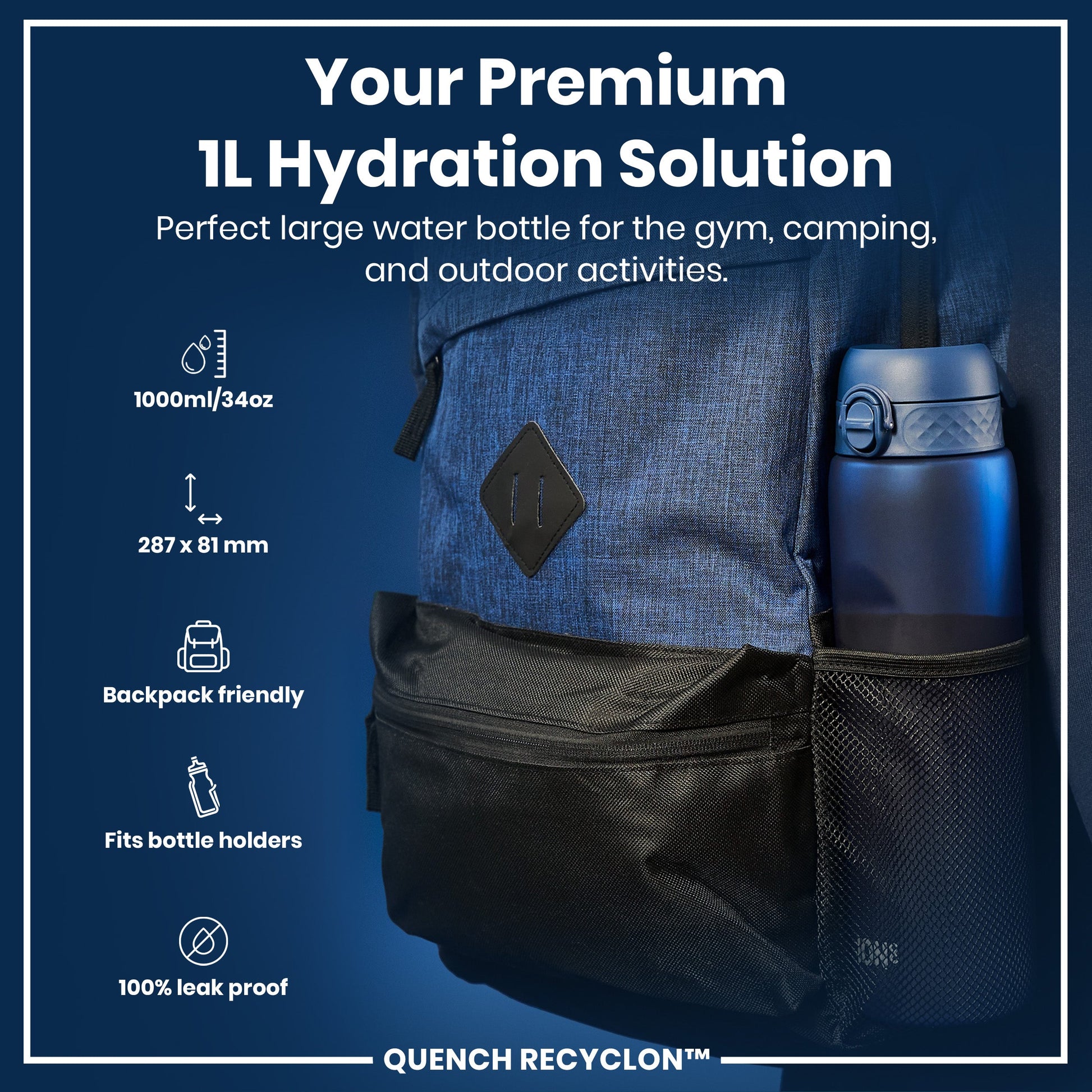 Blue hydration bottle in a backpack with product details on a blue background