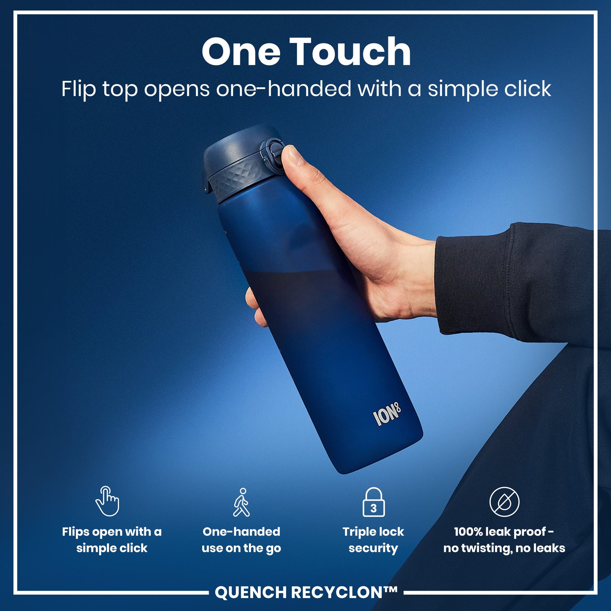 Blue water bottle with flip top held by a hand on a blue background, featuring text about bottle features.