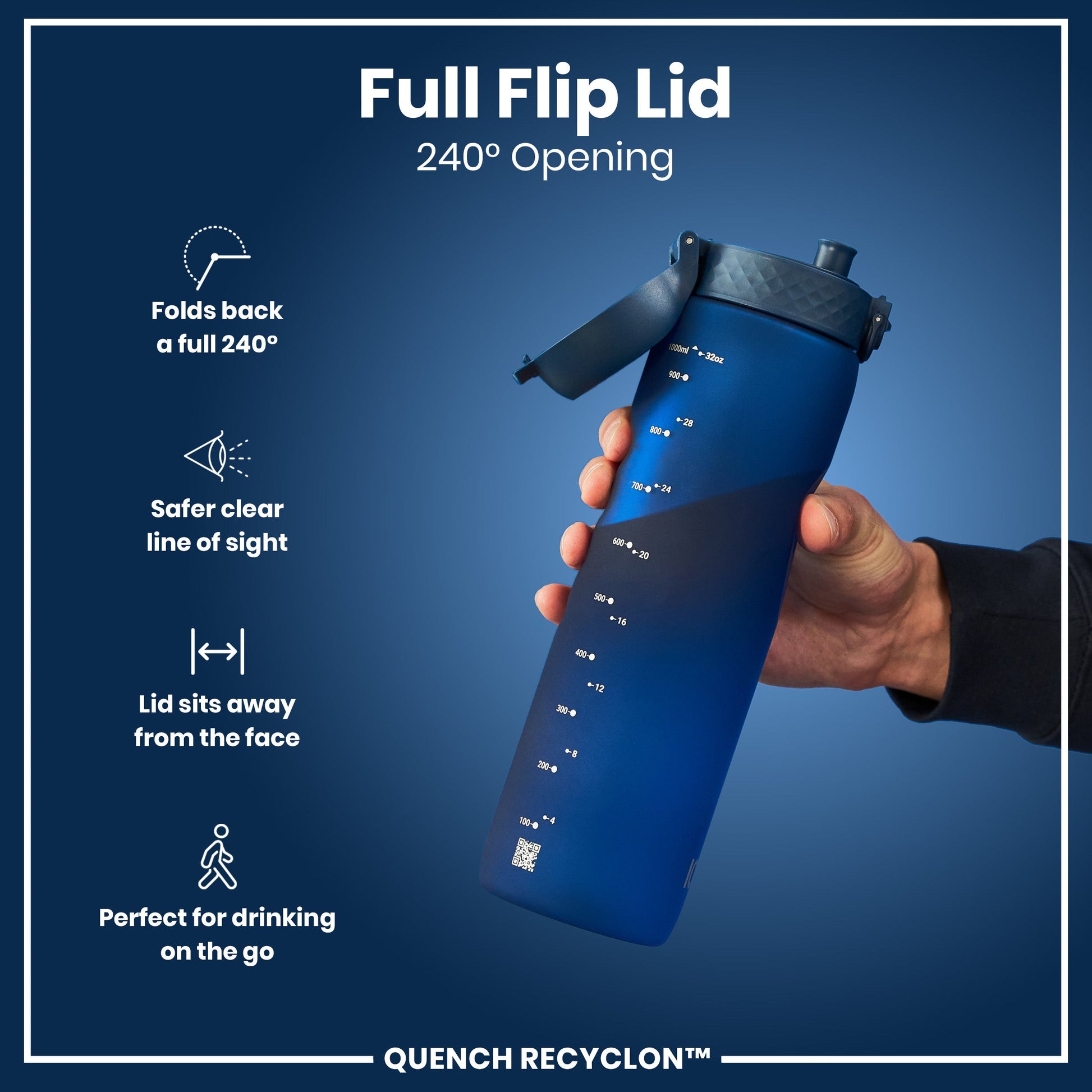 Blue water bottle with a full flip lid held by a hand on a blue background, featuring text and icons about the lid's features.