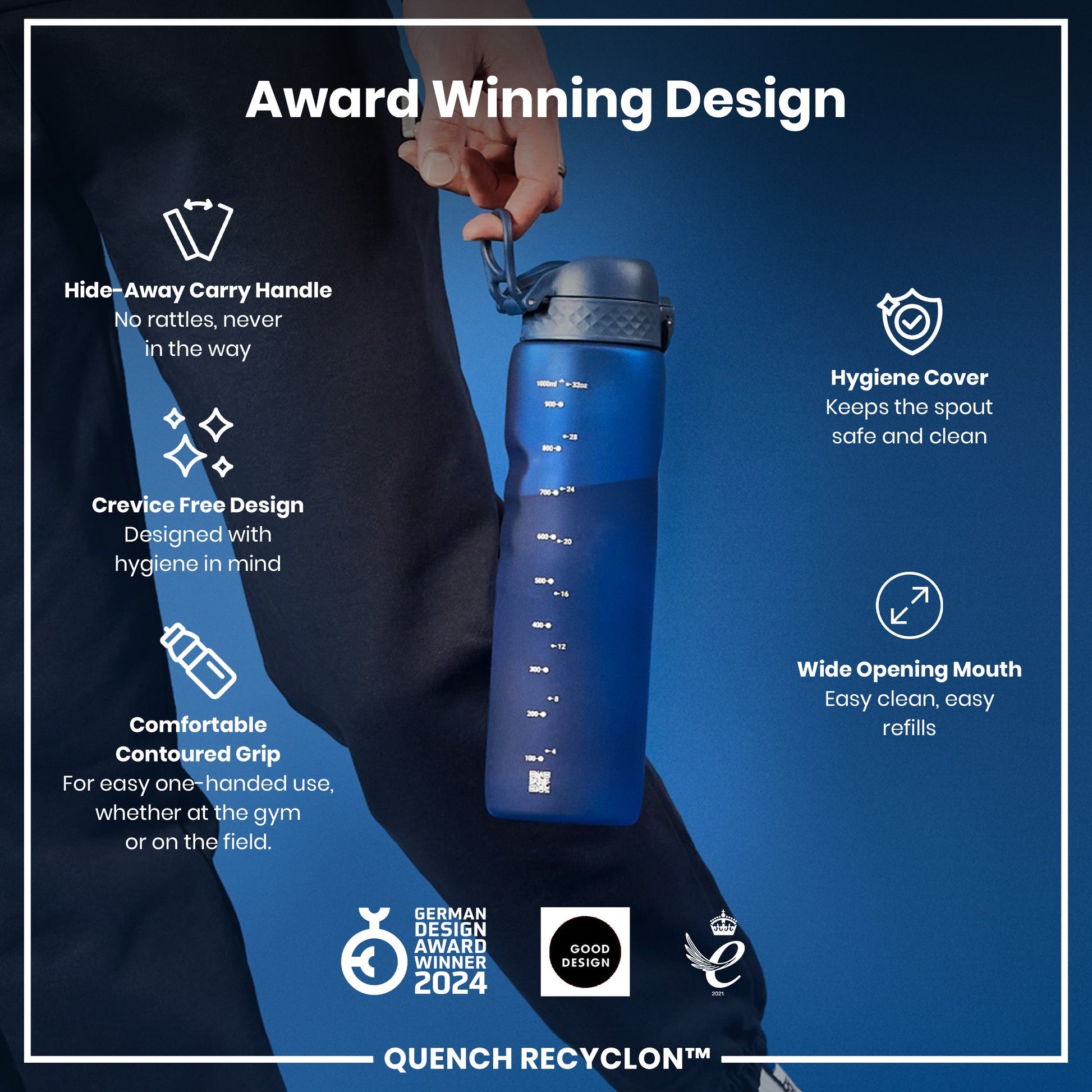 Blue water bottle with features highlighted on a blue background