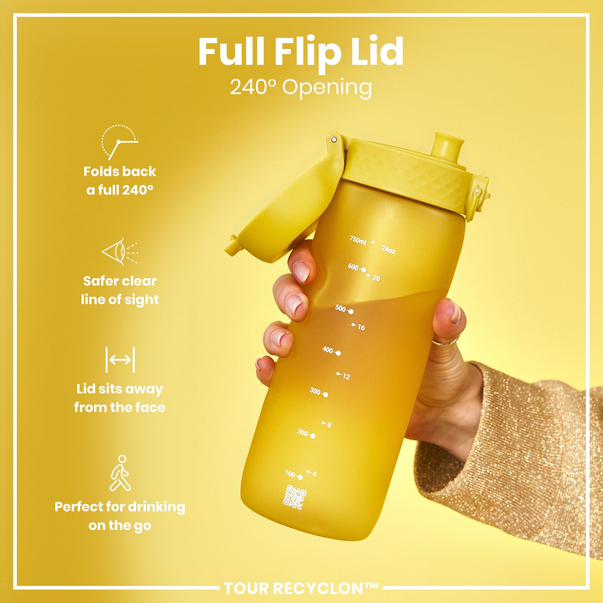 Yellow water bottle with flip lid held by a hand on a yellow background