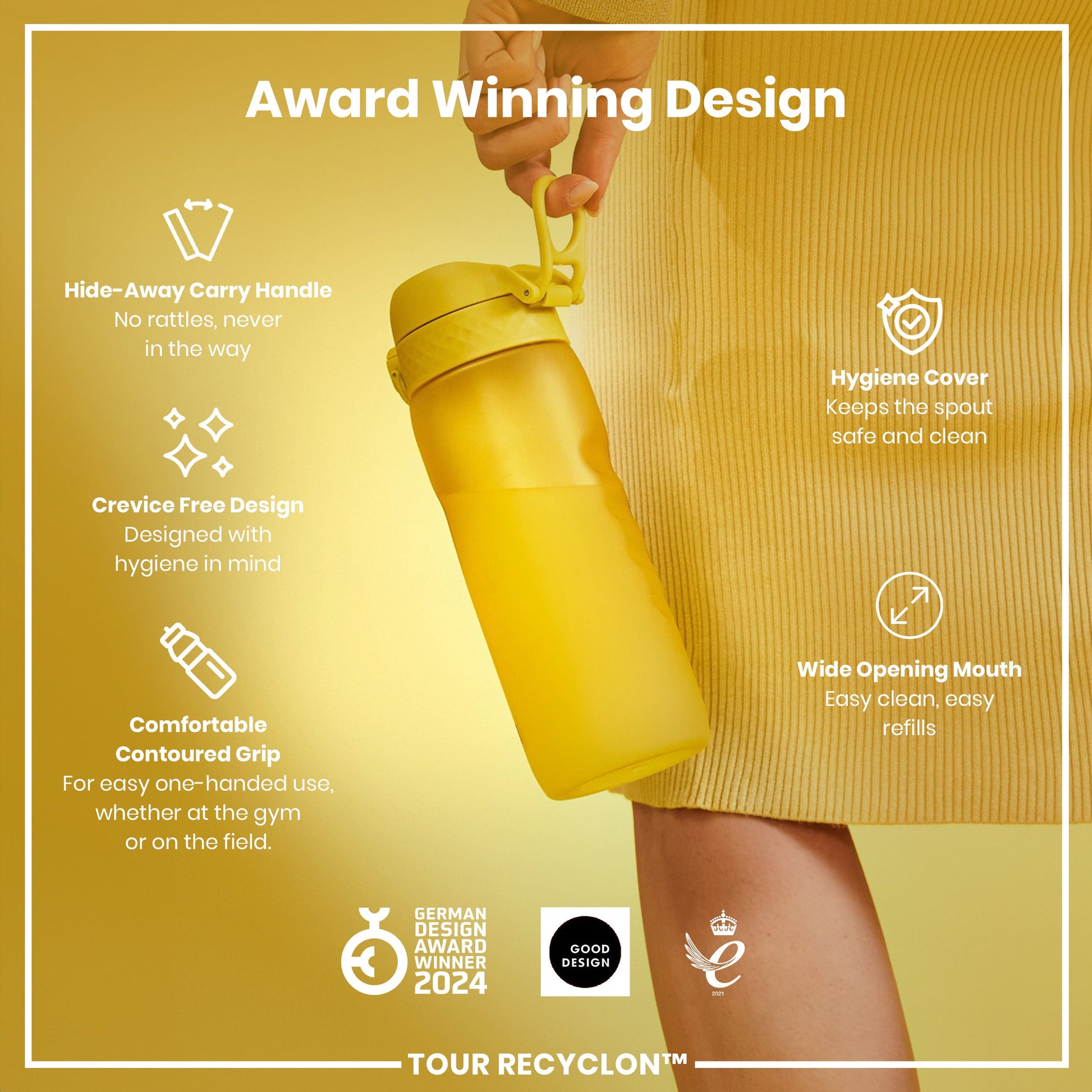 Yellow water bottle with features highlighted on a yellow background