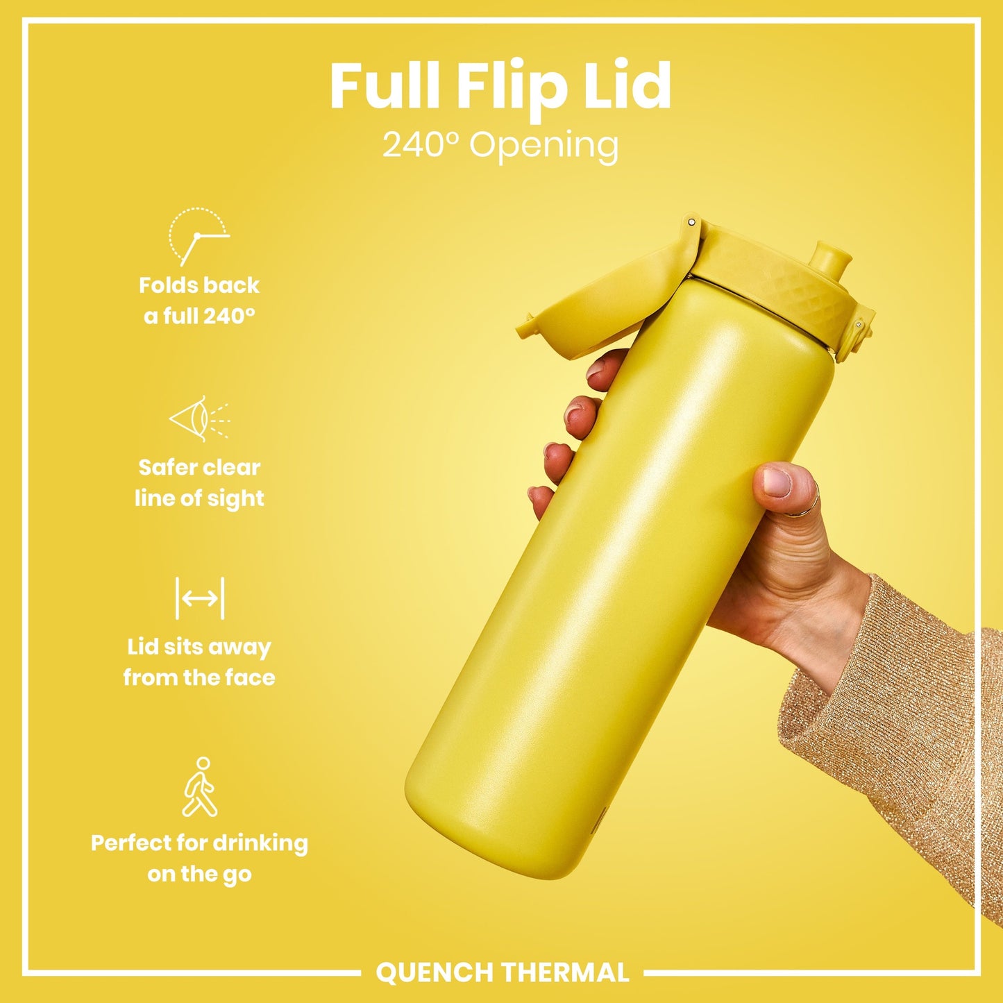 Yellow water bottle with full flip lid on a yellow background