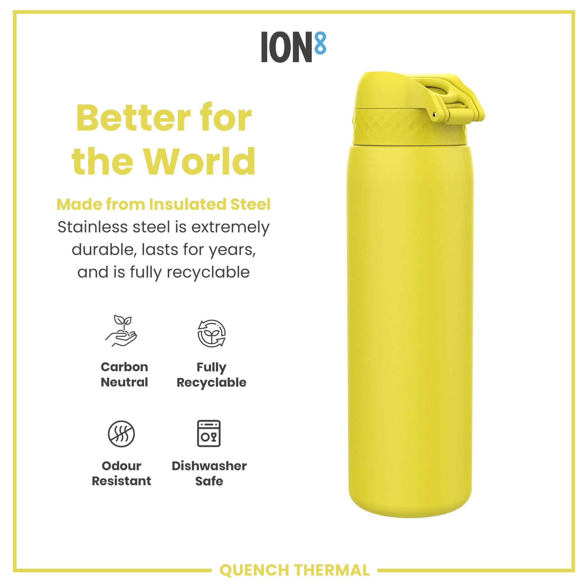 Yellow insulated steel water bottle with ION8 branding and sustainability features on a white background.