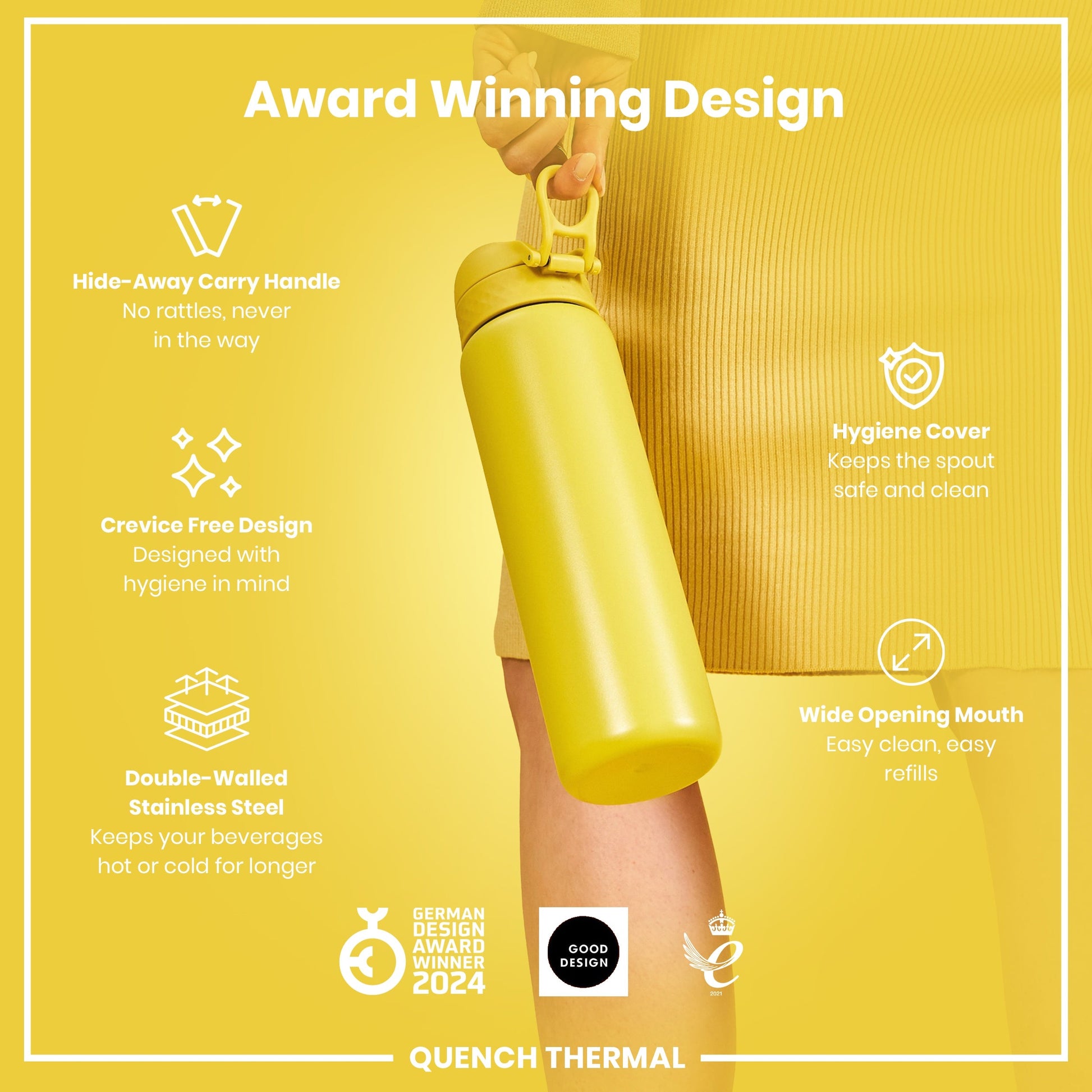 Yellow water bottle held by a person with features highlighted on a yellow background