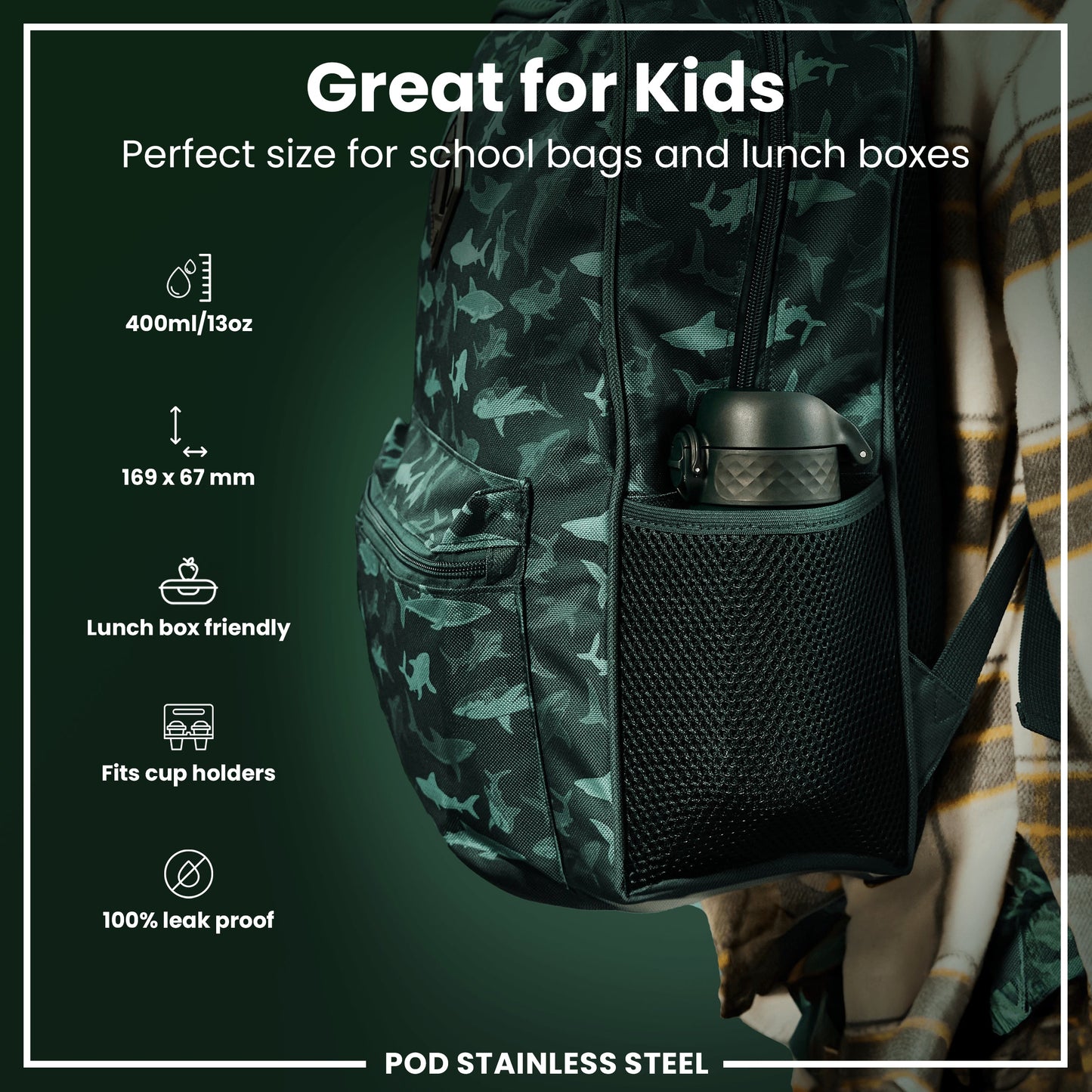 Camouflage-patterned backpack with a water bottle holder on a green background, featuring text about its suitability for kids and product features.
