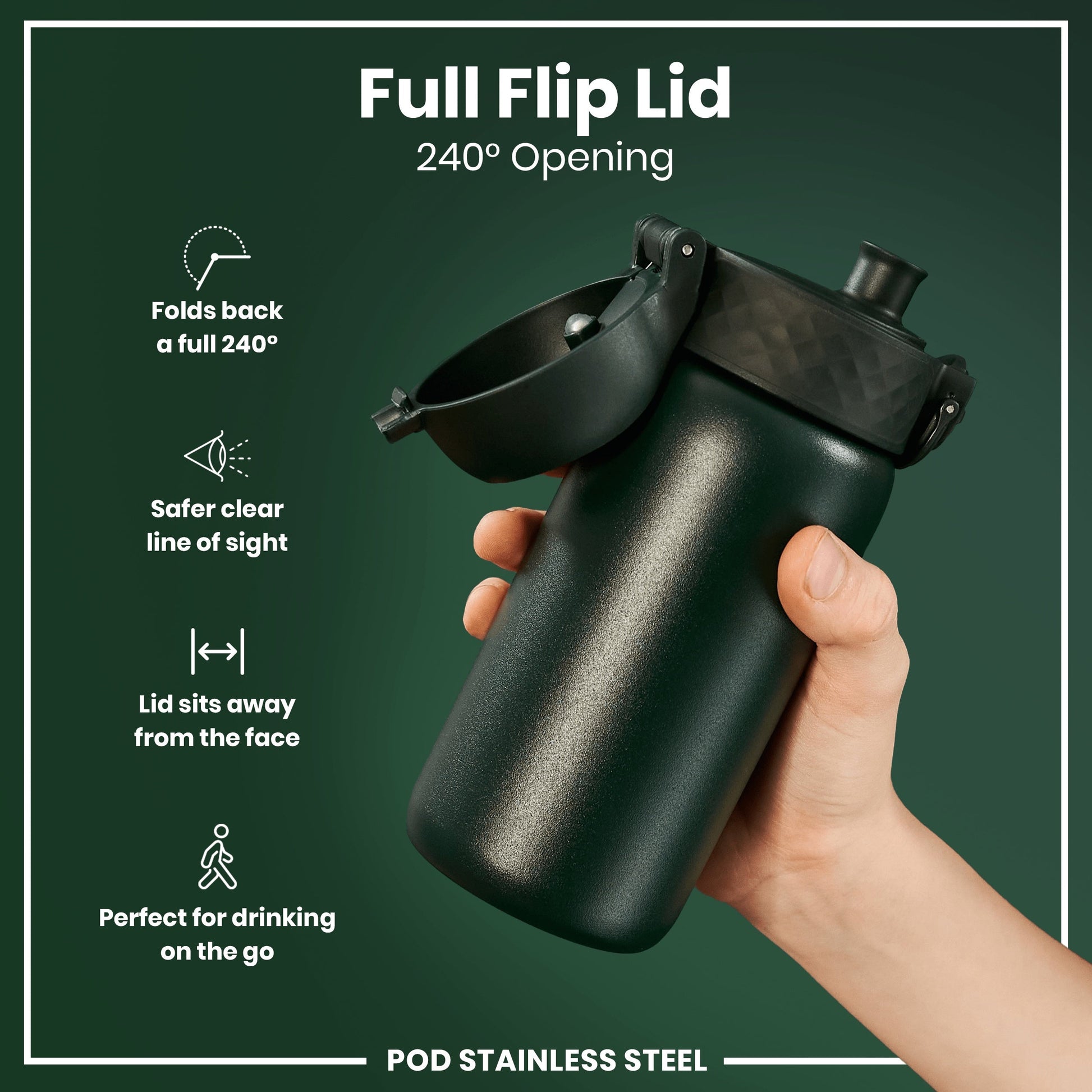 Black water bottle with a full flip lid held by a hand on a green background