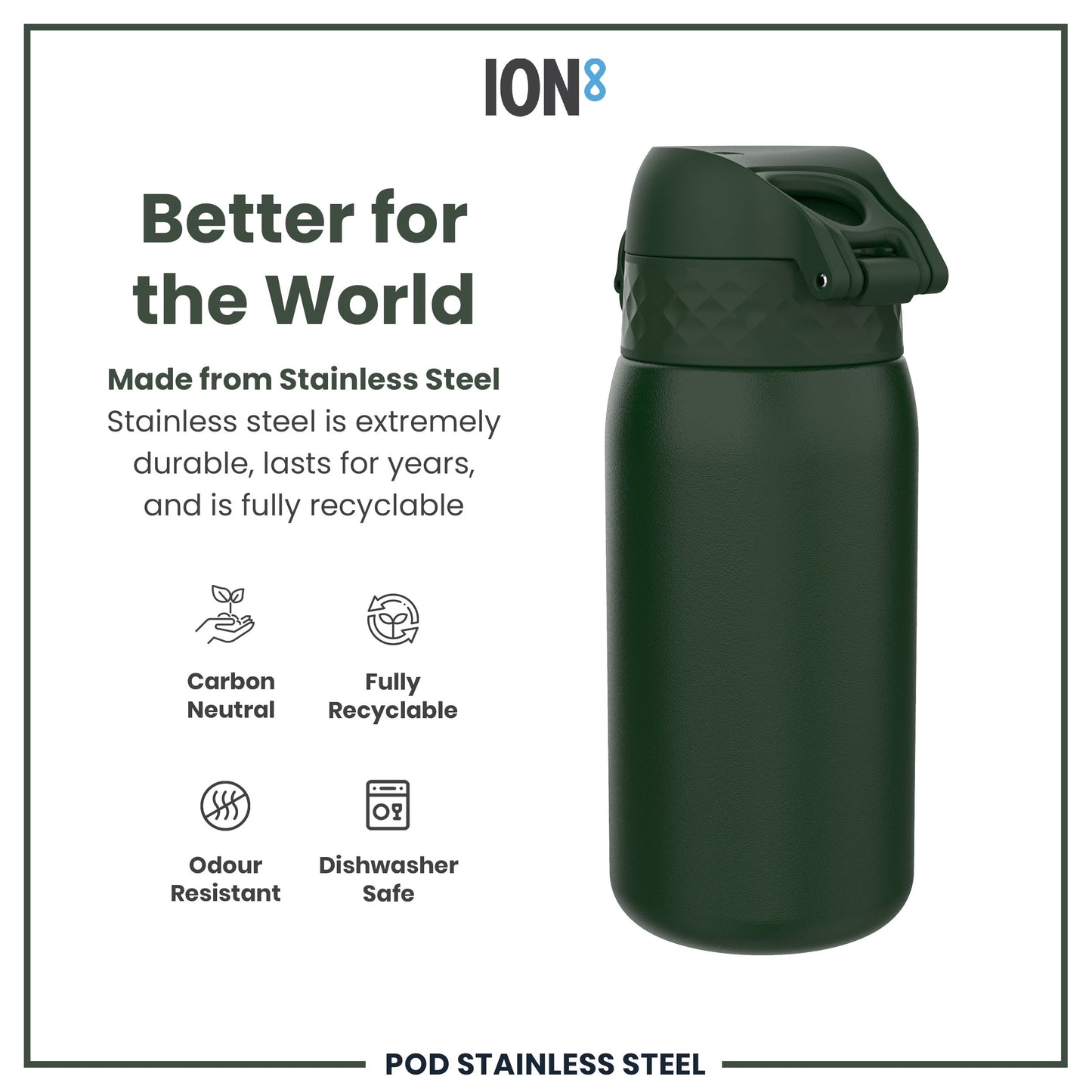 Green stainless steel water bottle with ION8 branding and sustainability features on a white background