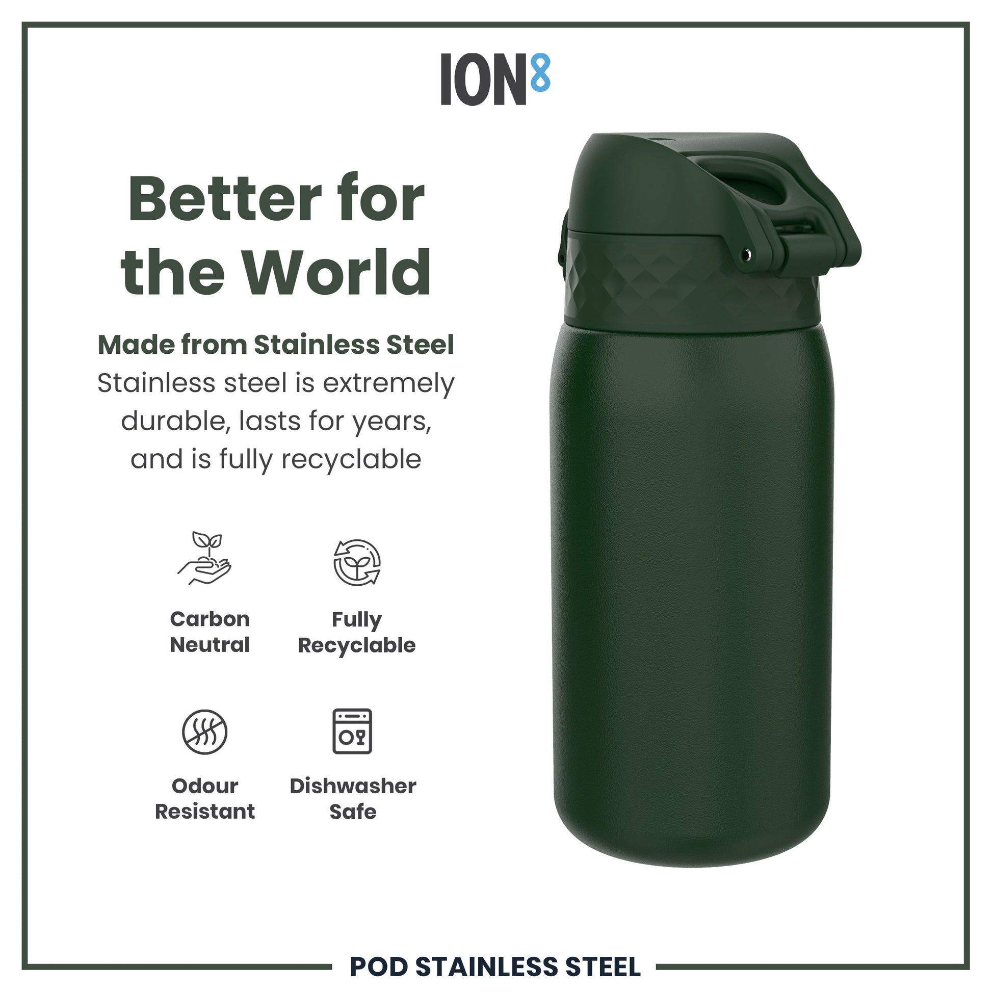 Green stainless steel water bottle with ION8 branding and sustainability features on a white background