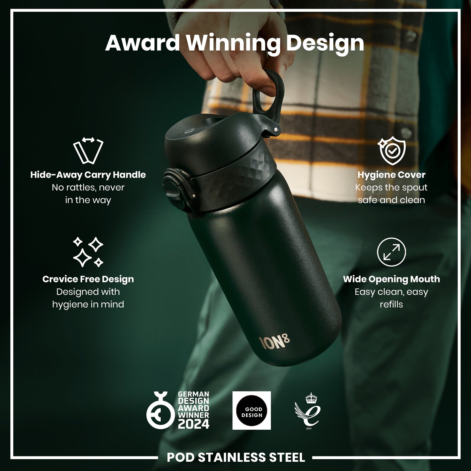 Black travel mug with features highlighted on a dark background
