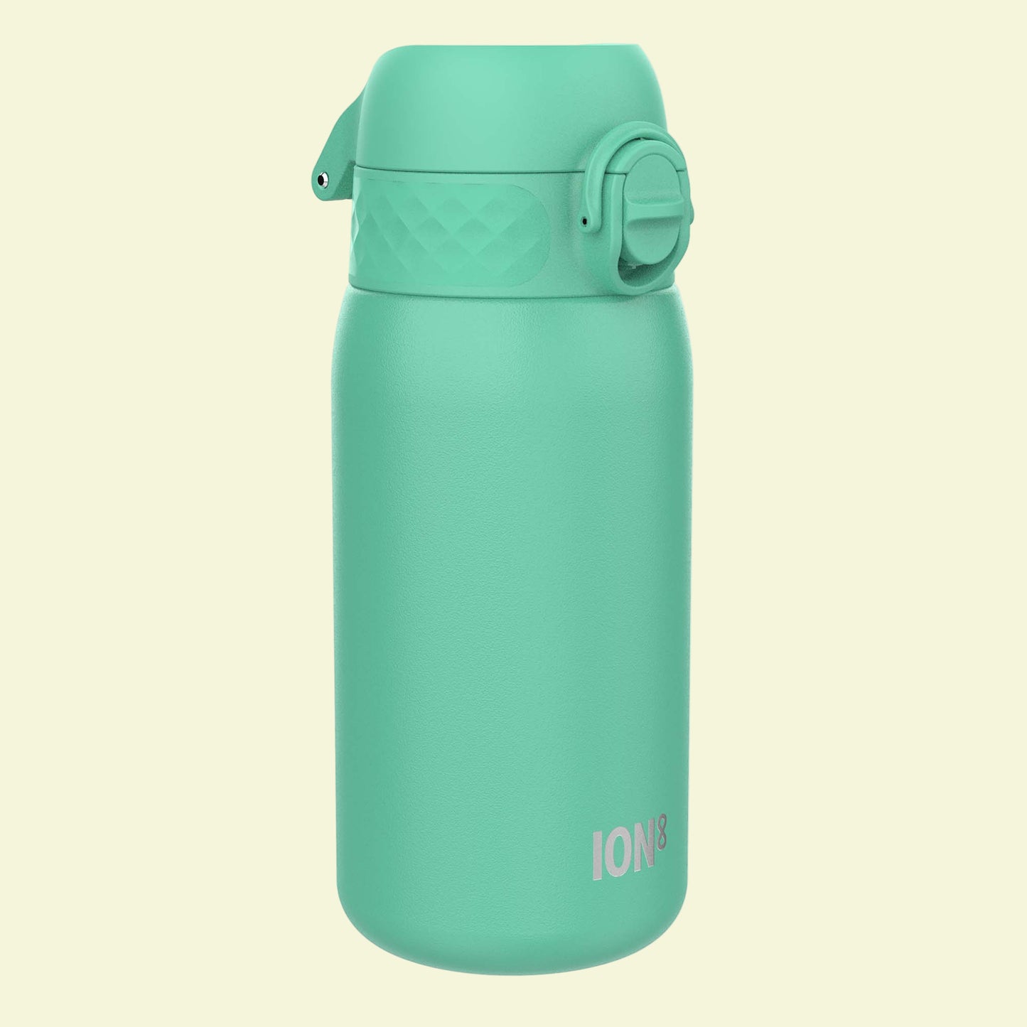 Green water bottle with a cap on a white background