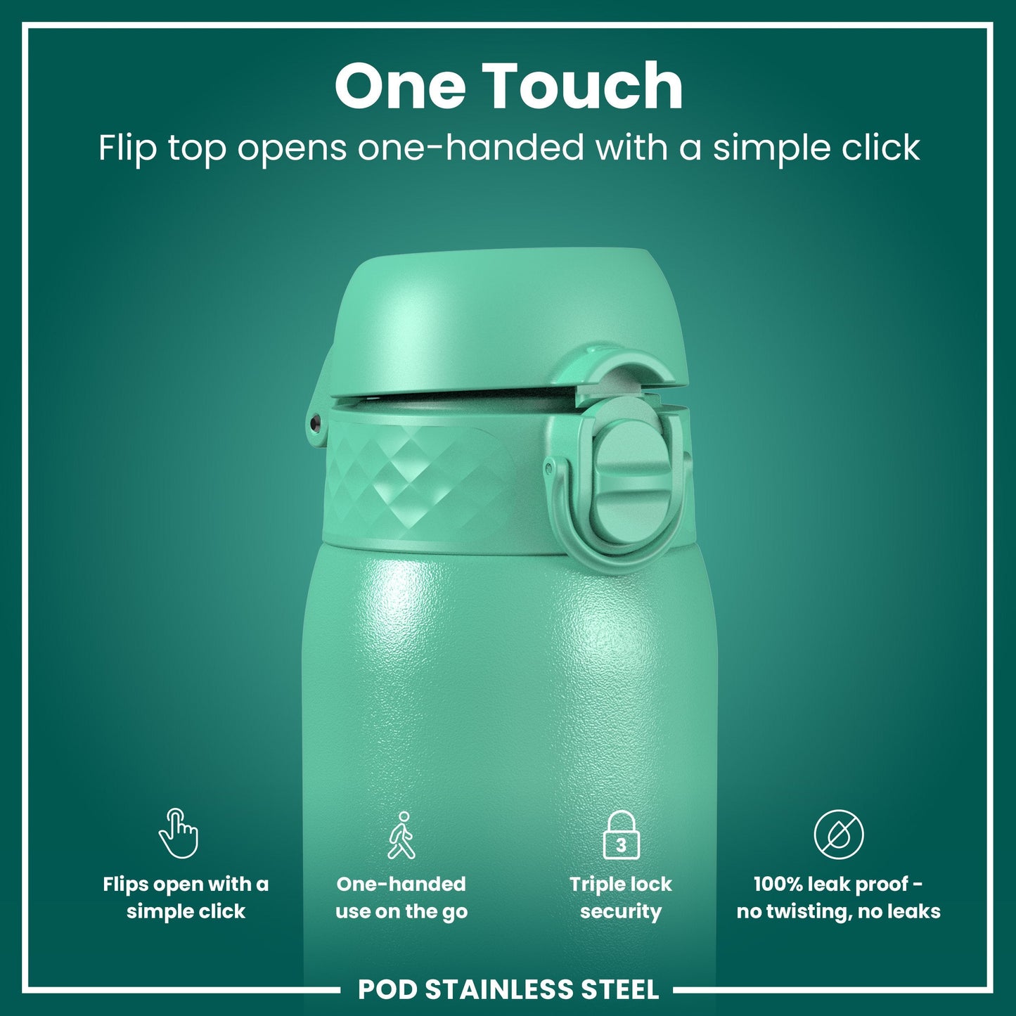 Teal water bottle with flip top on a green background