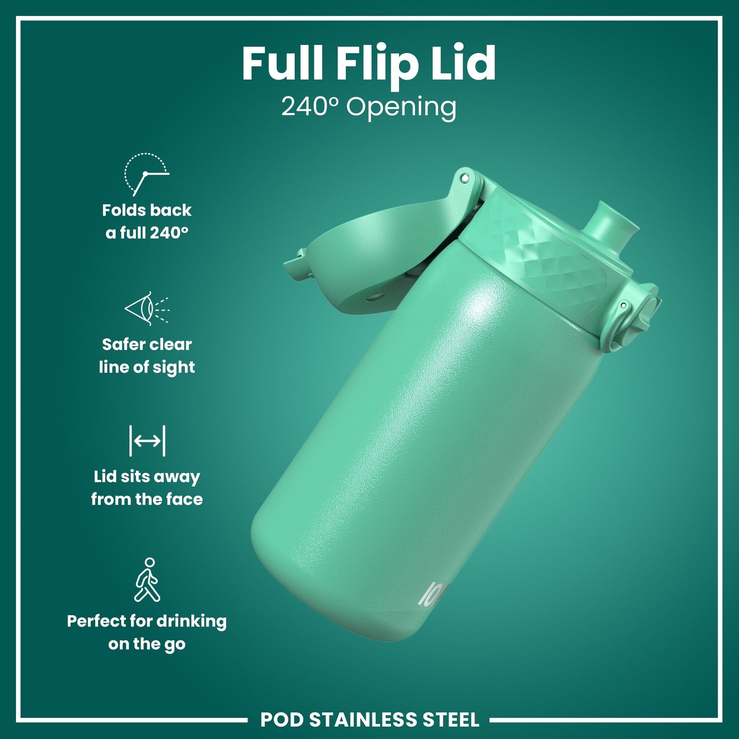 Green thermos with full flip lid on a teal background