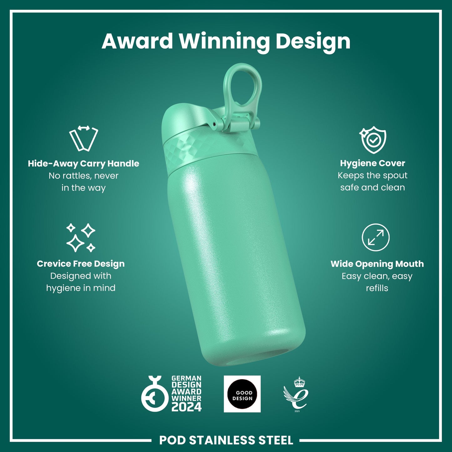 Teal water bottle with features listed on a green background