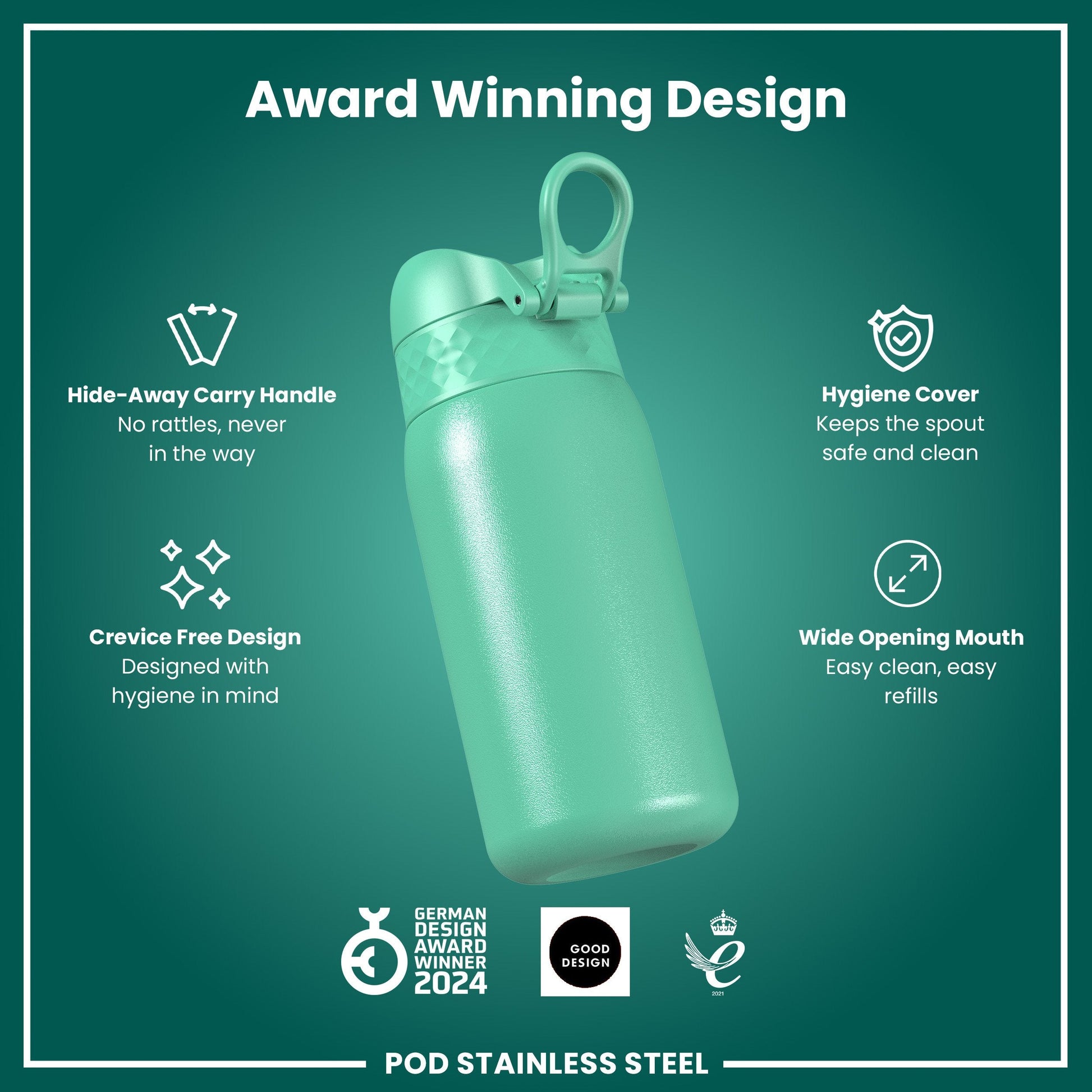 Teal water bottle with features listed on a green background