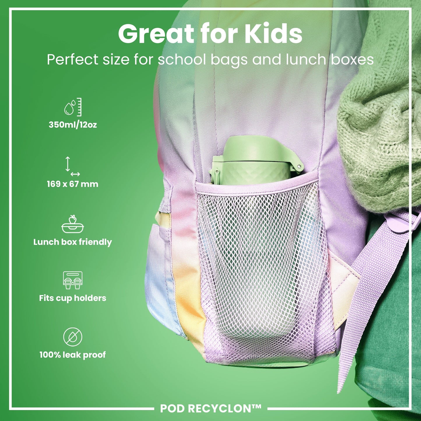 Backpack with a mesh pocket containing a green lunch box, featuring text about its suitability for kids and product features.