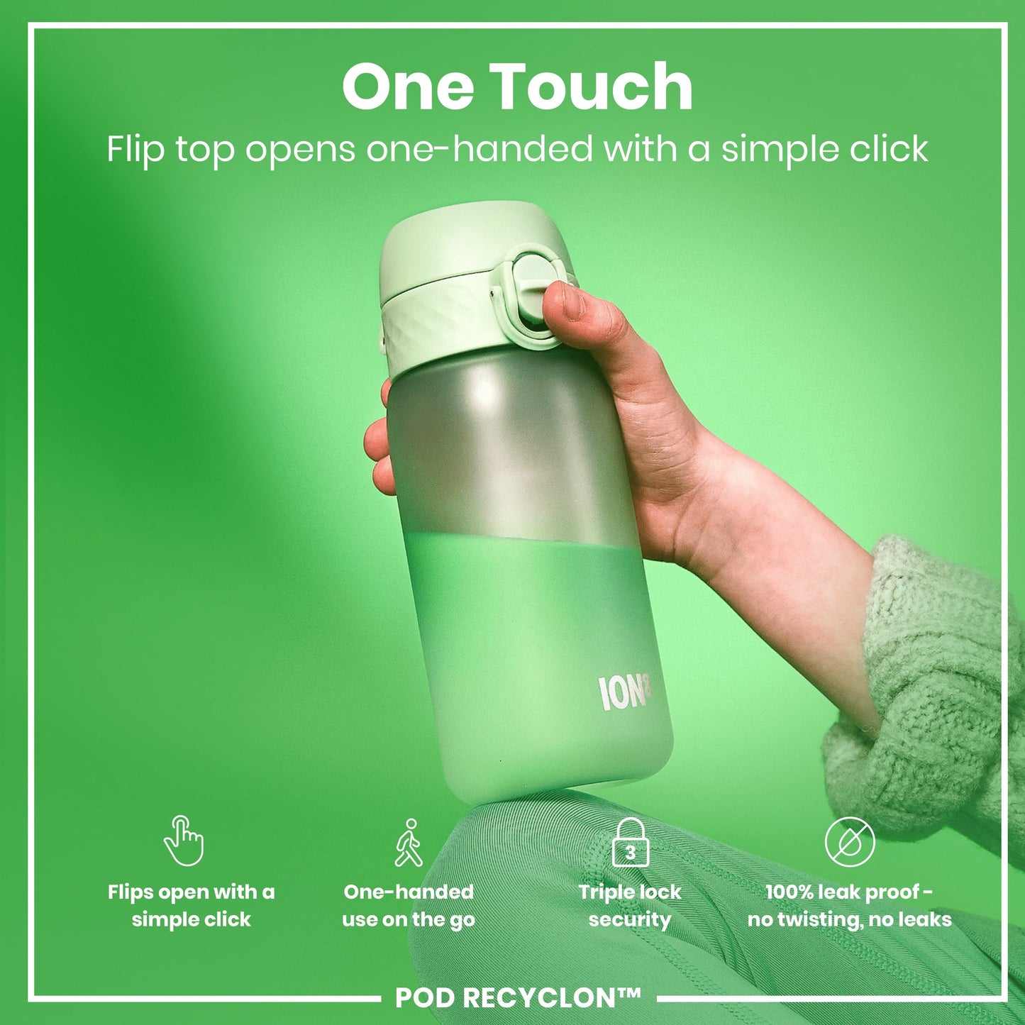 Green water bottle with flip top being held against a green background, featuring text about its features.
