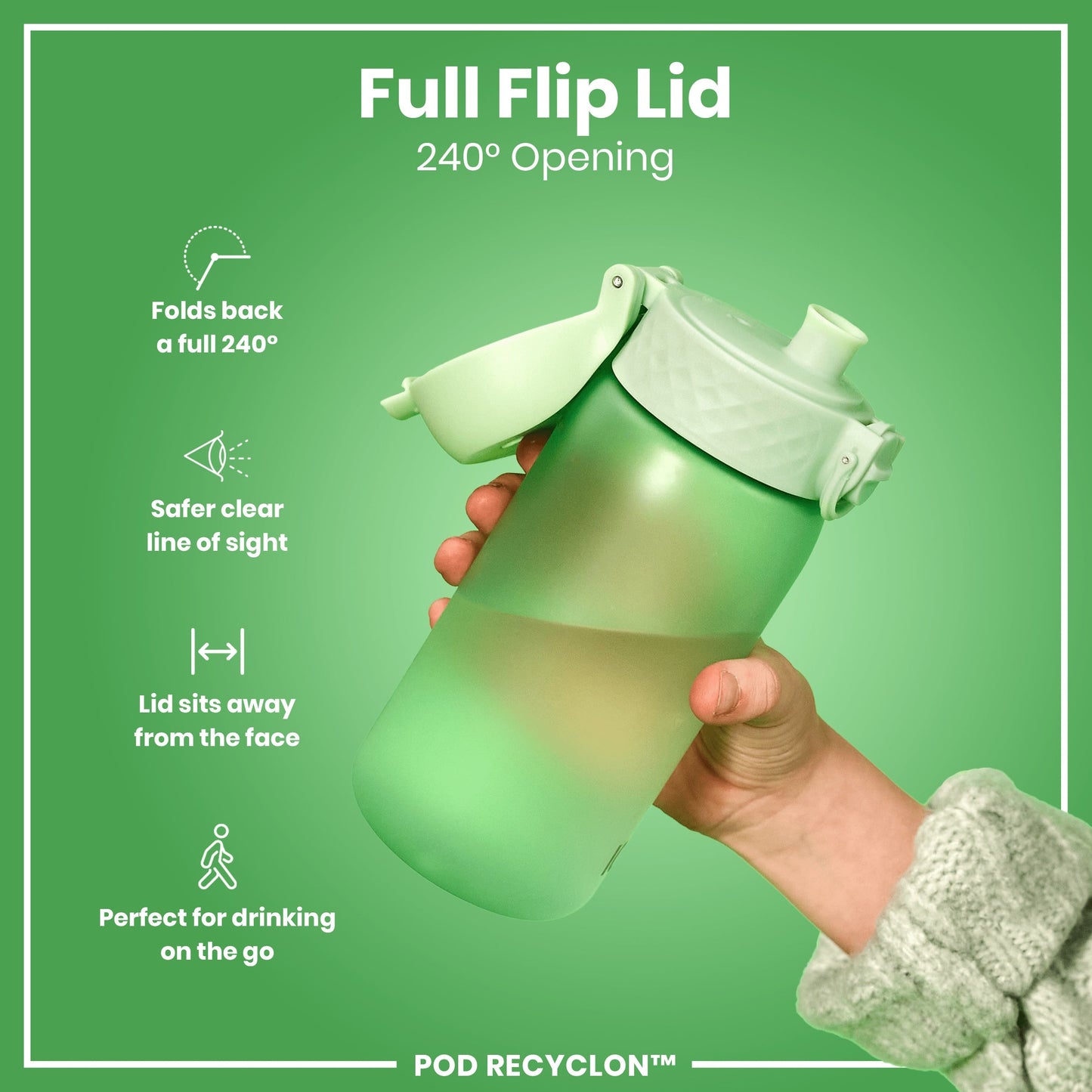 Green water bottle with a full flip lid held by a hand on a green background