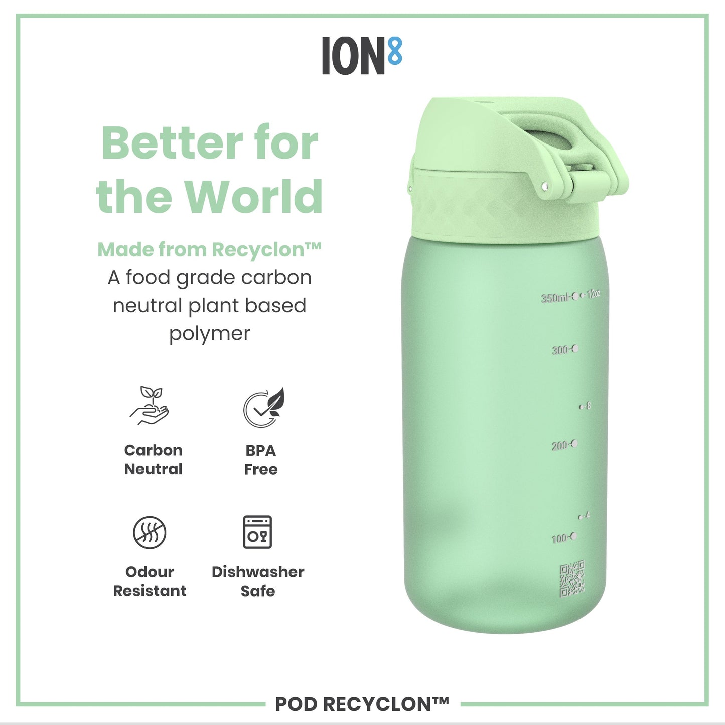 Green water bottle with 'ION8' branding and sustainability features on a white background