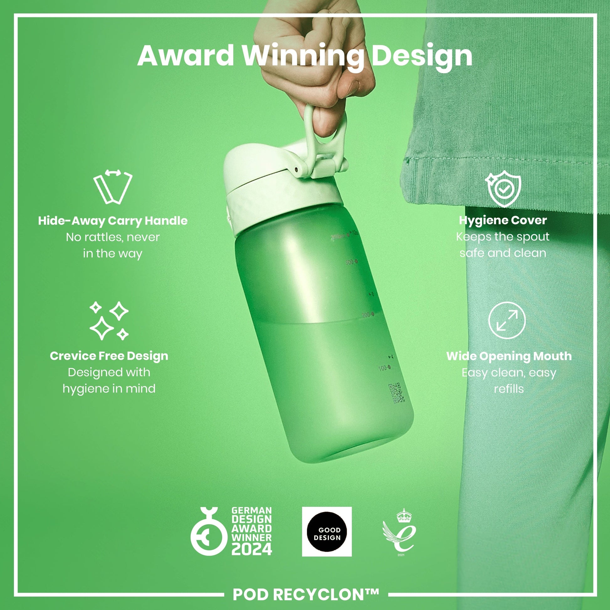Green water bottle with features highlighted on a green background, including award logos.