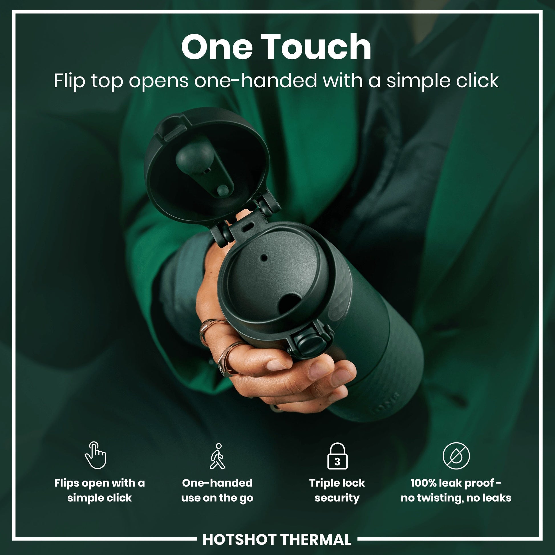 Person holding a black thermos with open flip top, promotional text about features, and 'HOTSHOT THERMAL' branding.