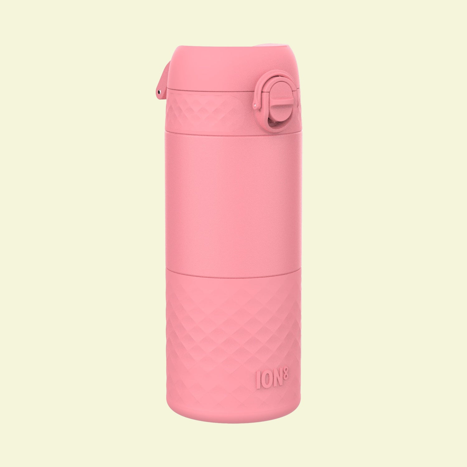 Pink insulated bottle with geometric pattern on a white background
