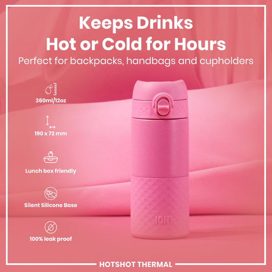 Pink thermal mug with features listed on a pink background