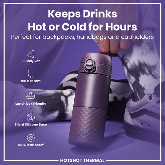 Purple thermal mug with features listed on a purple background