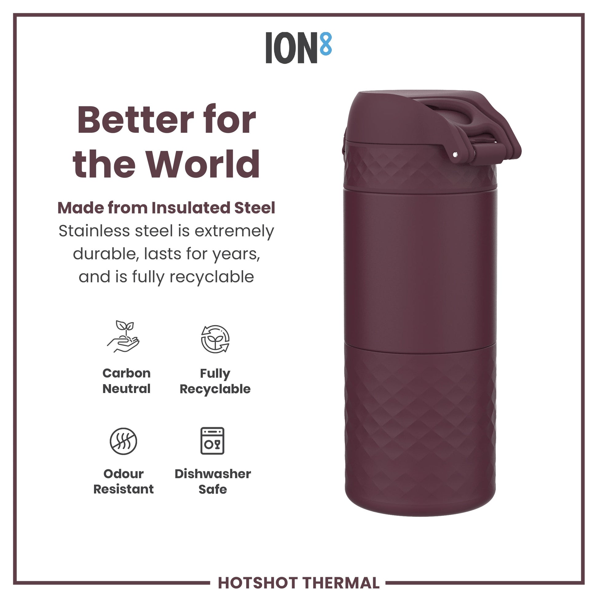 Blackberry insulated steel tumbler with 'ION8' branding and sustainability features on a white background.