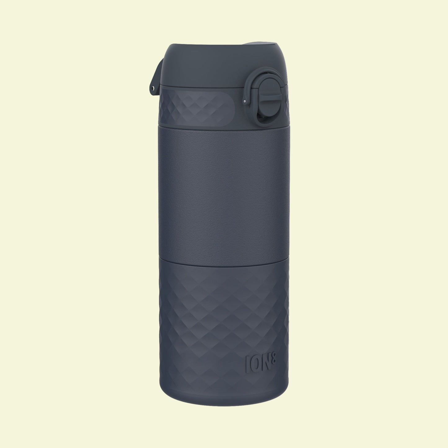 Dark gray insulated mug with geometric pattern on a white background