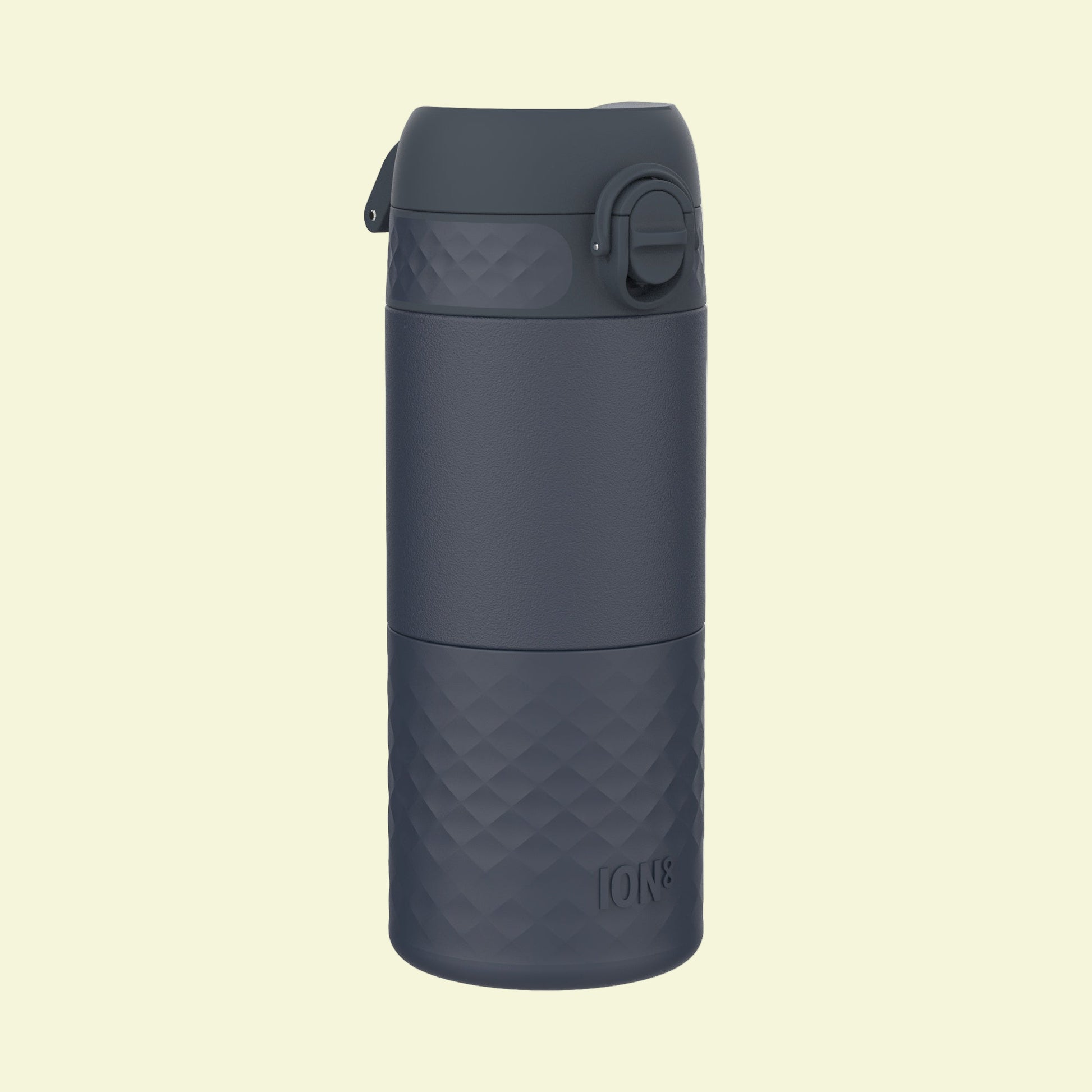 Dark gray insulated mug with geometric pattern on a white background