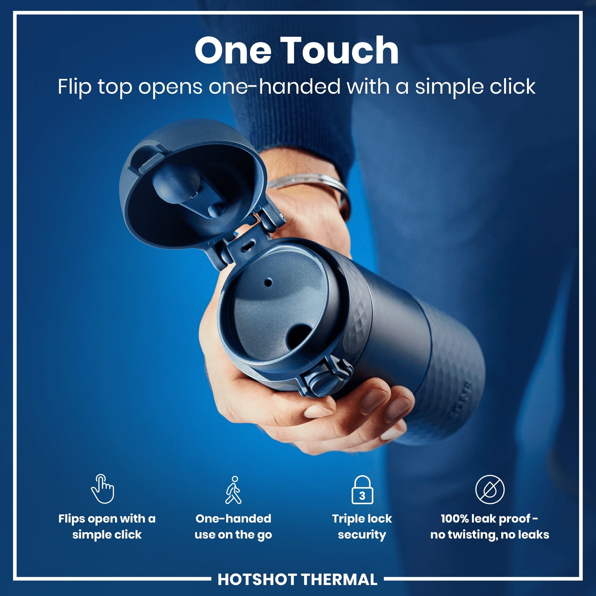 Person holding a blue thermos with text highlighting features on a blue background
